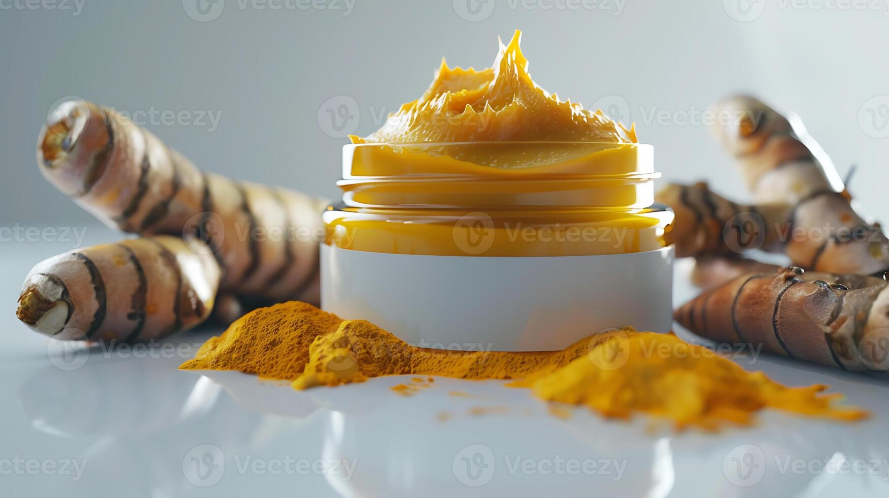 organic turmeric face cream container with fresh turmeric roots on white background, natural skincare product display photo