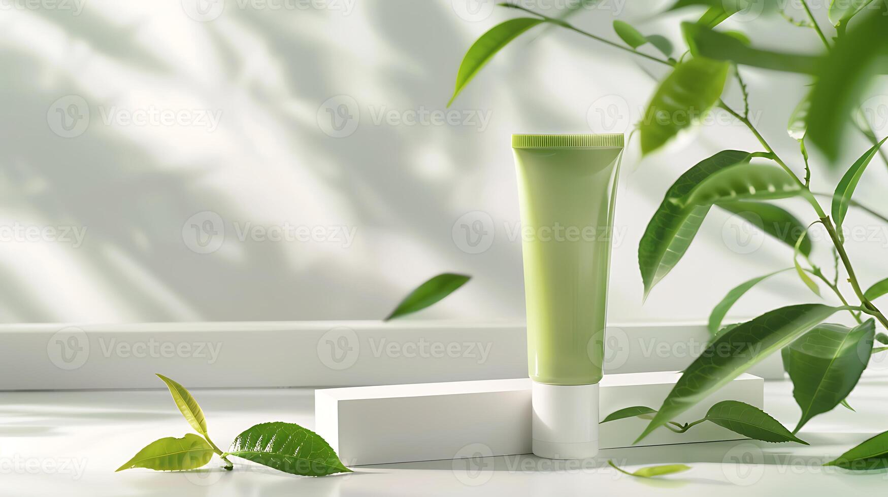 organic green tea face lotion tube displayed with fresh green tea leaves on white background photo