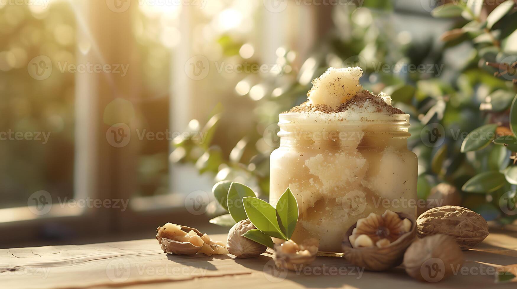 organic shea butter body scrub in a jar with shea nuts and leaves on a rustic wooden table photo