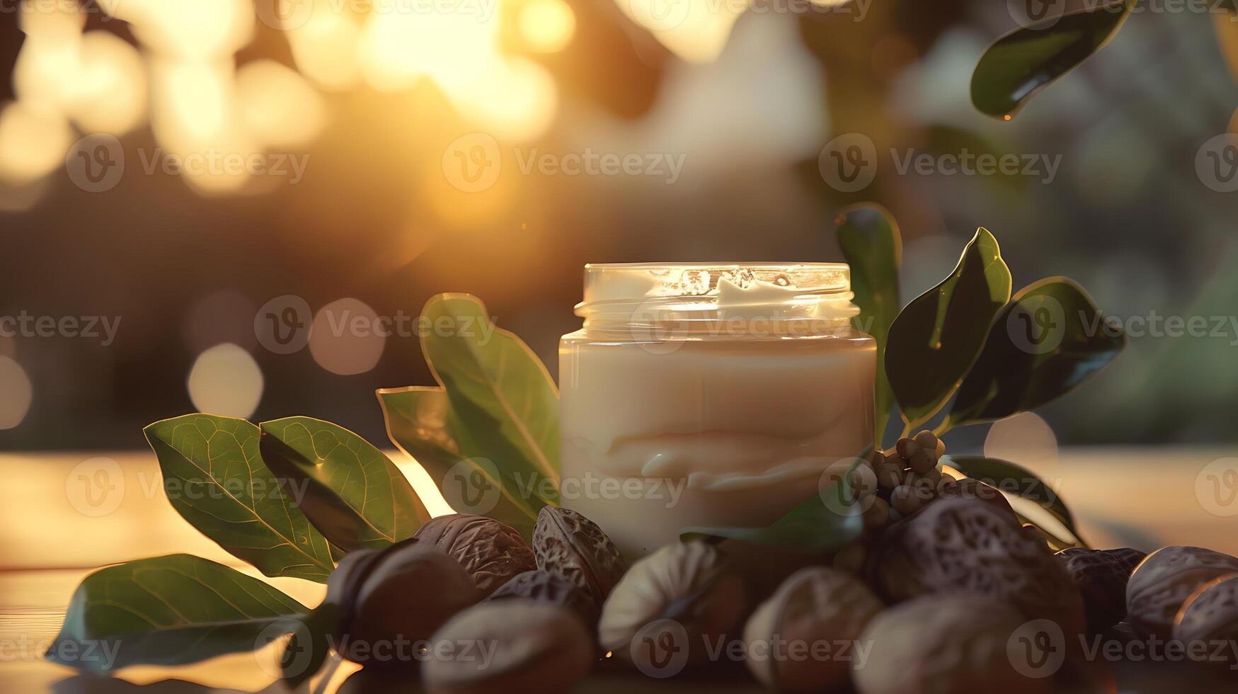 organic shea butter facial moisturizer with shea nuts and leaves in a jar on a wooden table photo