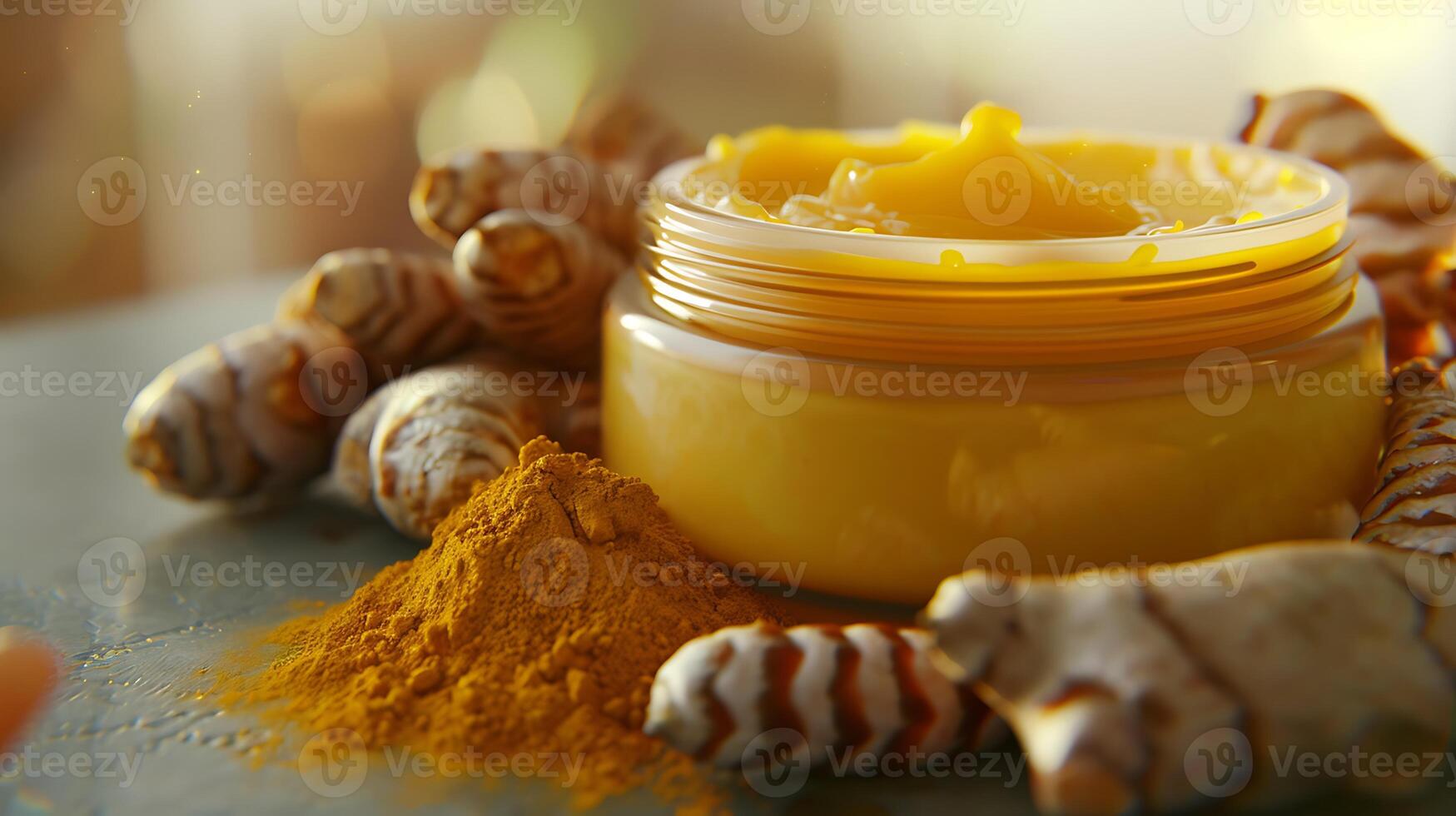 organic turmeric body lotion jar surrounded by fresh turmeric roots and powder on wooden table photo