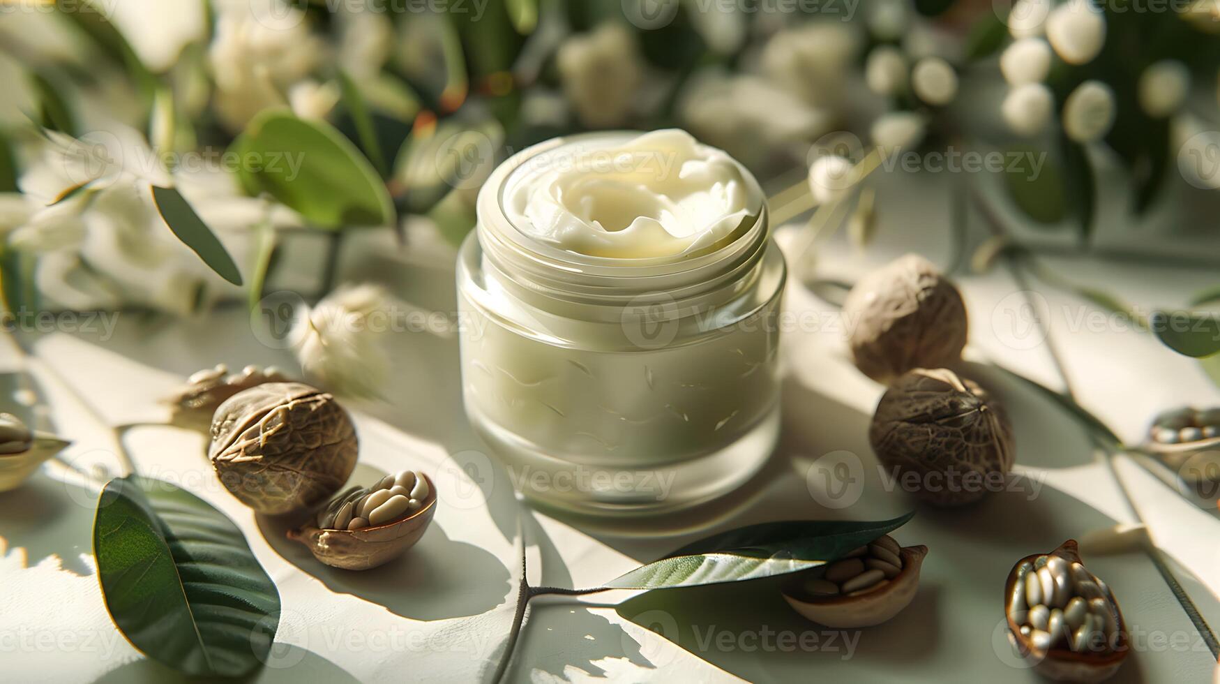 organic shea butter facial moisturizer with shea nuts and leaves in a glass jar on a wooden table photo