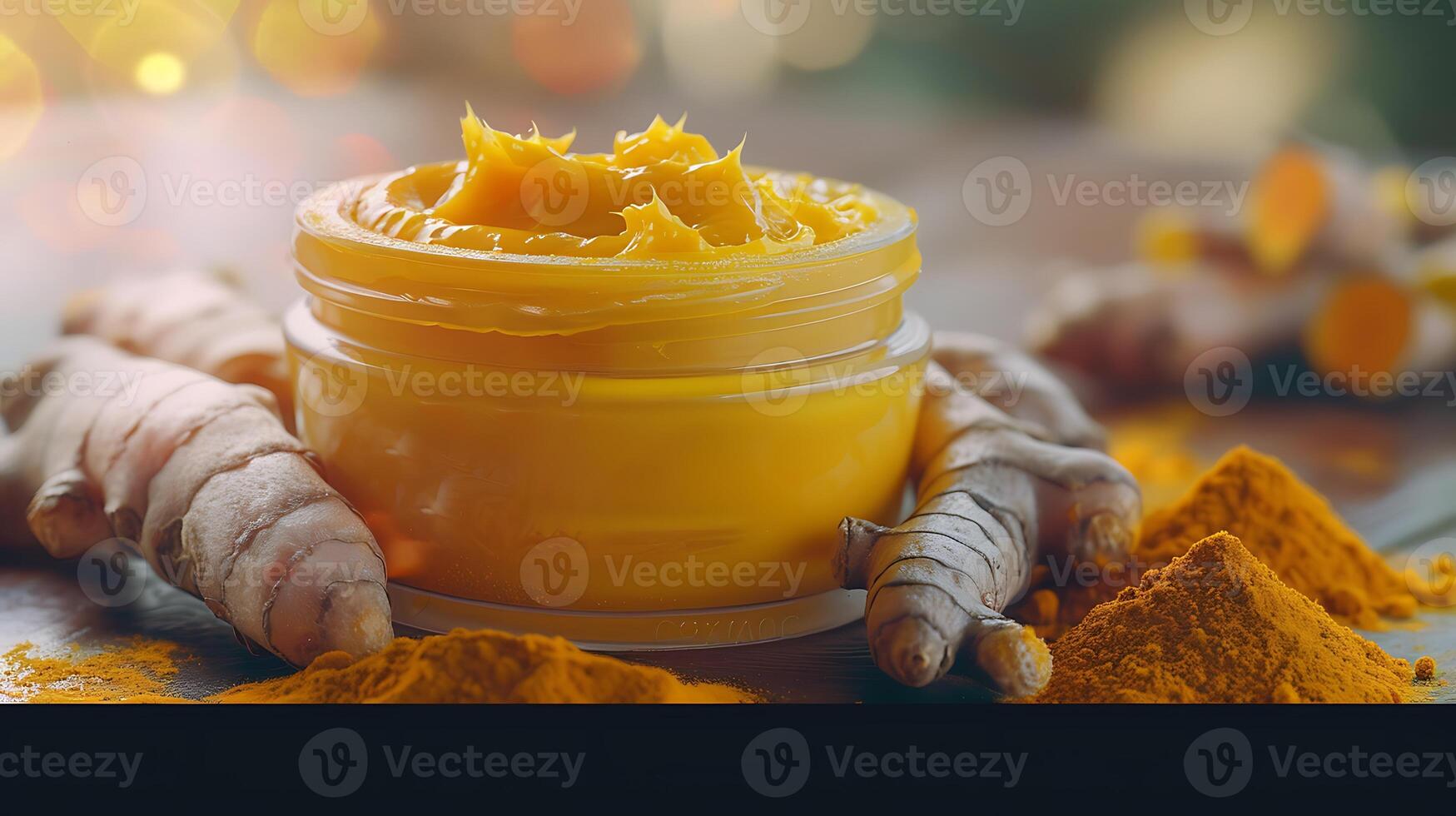 organic turmeric body cream jar with fresh roots and powder displayed on wooden table photo