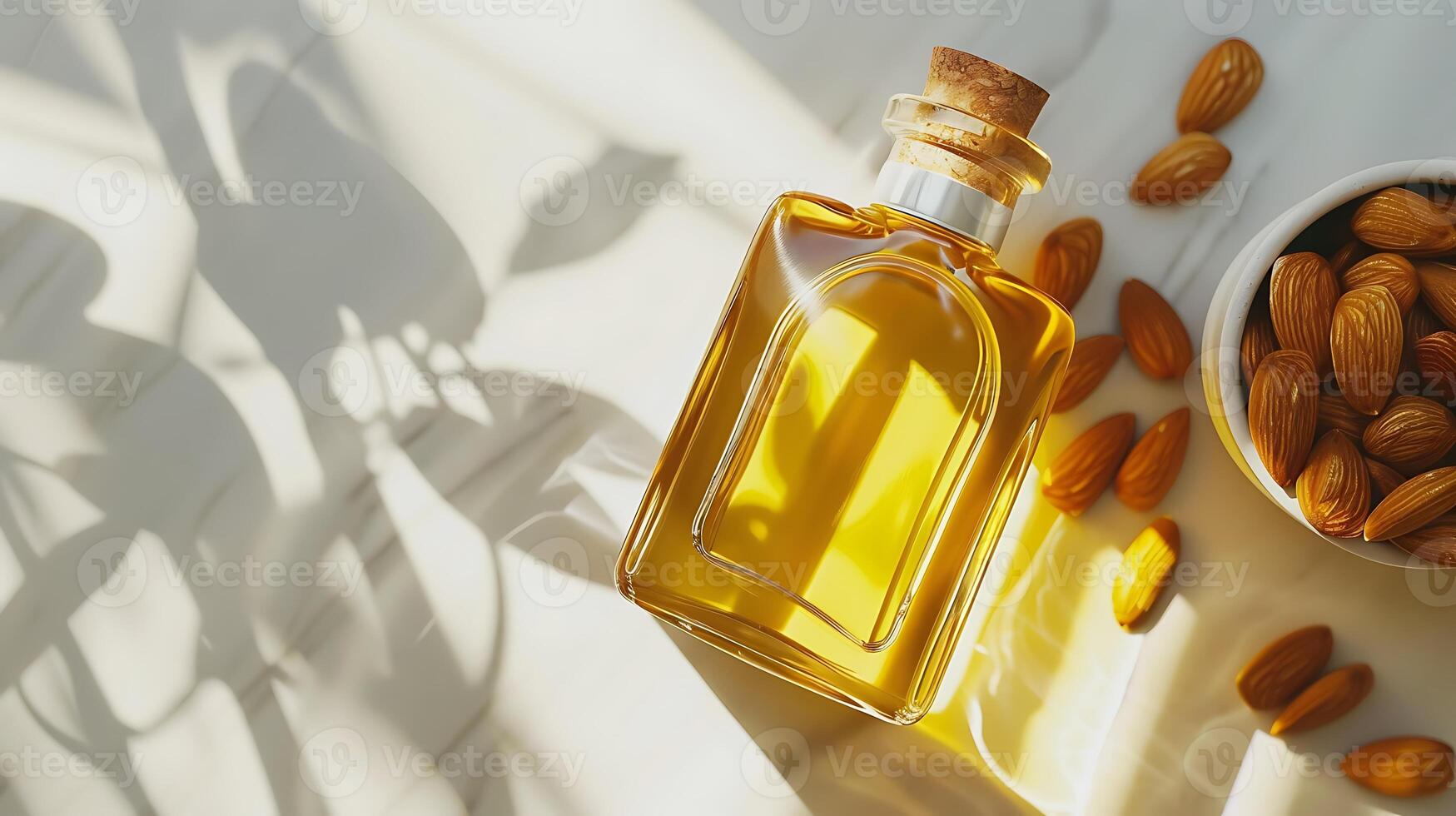 a bottle of high-quality vitamin e oil displayed on a clean white surface alongside fresh organic almonds, ideal for skincare and wellness needs. photo