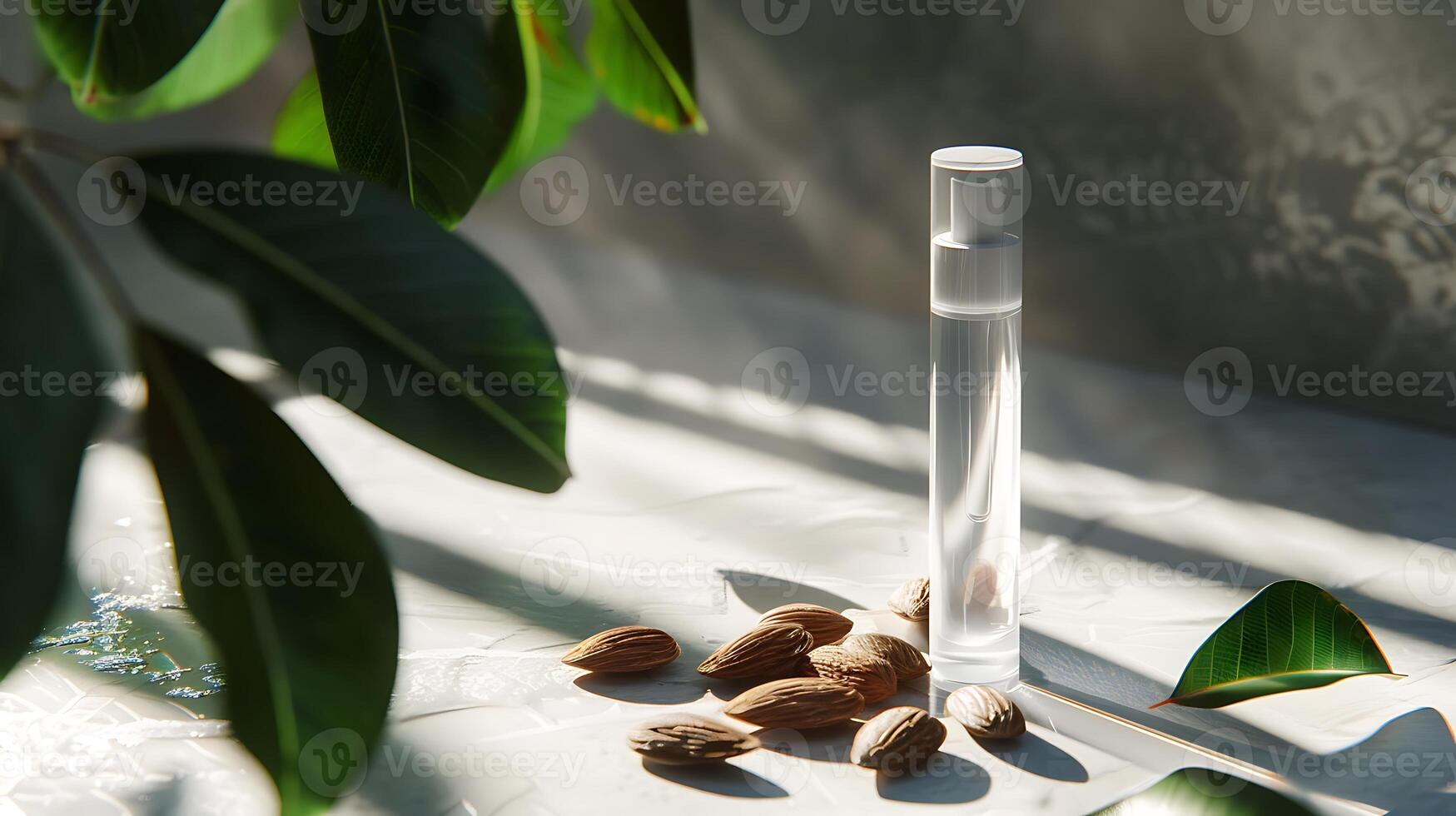 a tube of vitamin e facial toner placed on a wooden table with fresh almonds and green leaves for skincare routine. photo