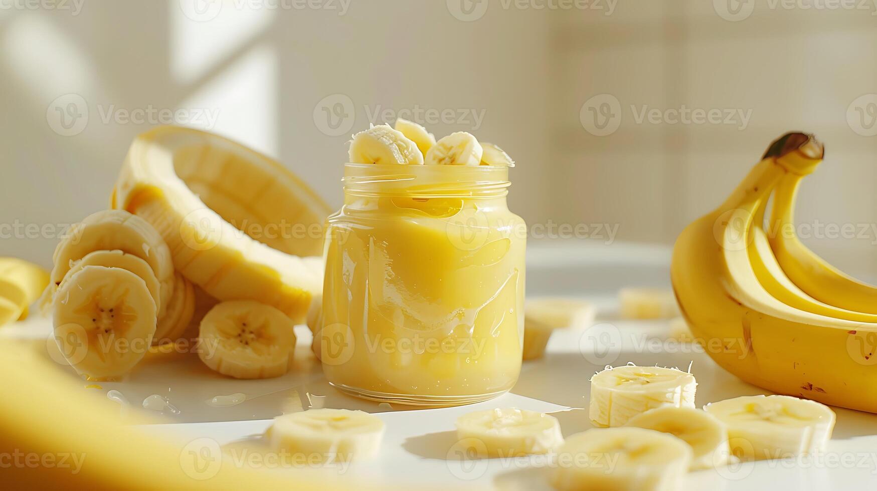 organic banana face mask in a glass jar showcased against a clean white background, surrounded by slices of fresh banana for a natural skincare routine. photo