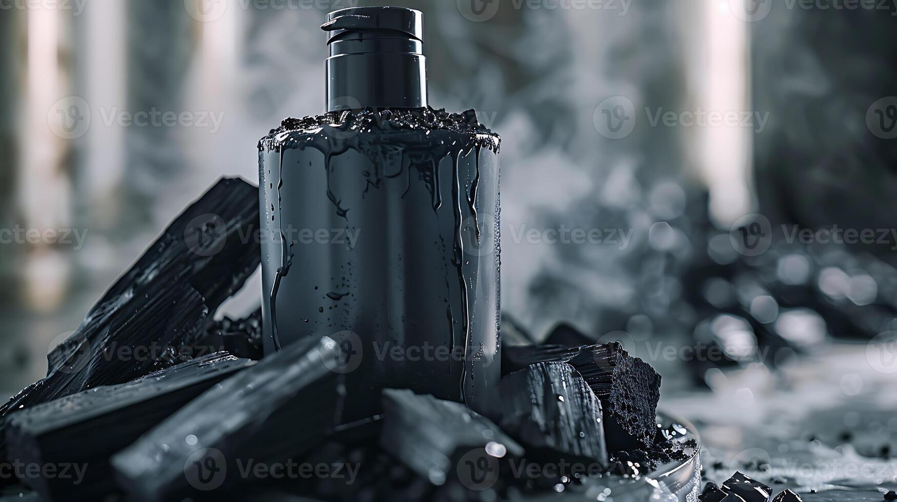 activated charcoal body wash container with pieces of activated charcoal on table photo
