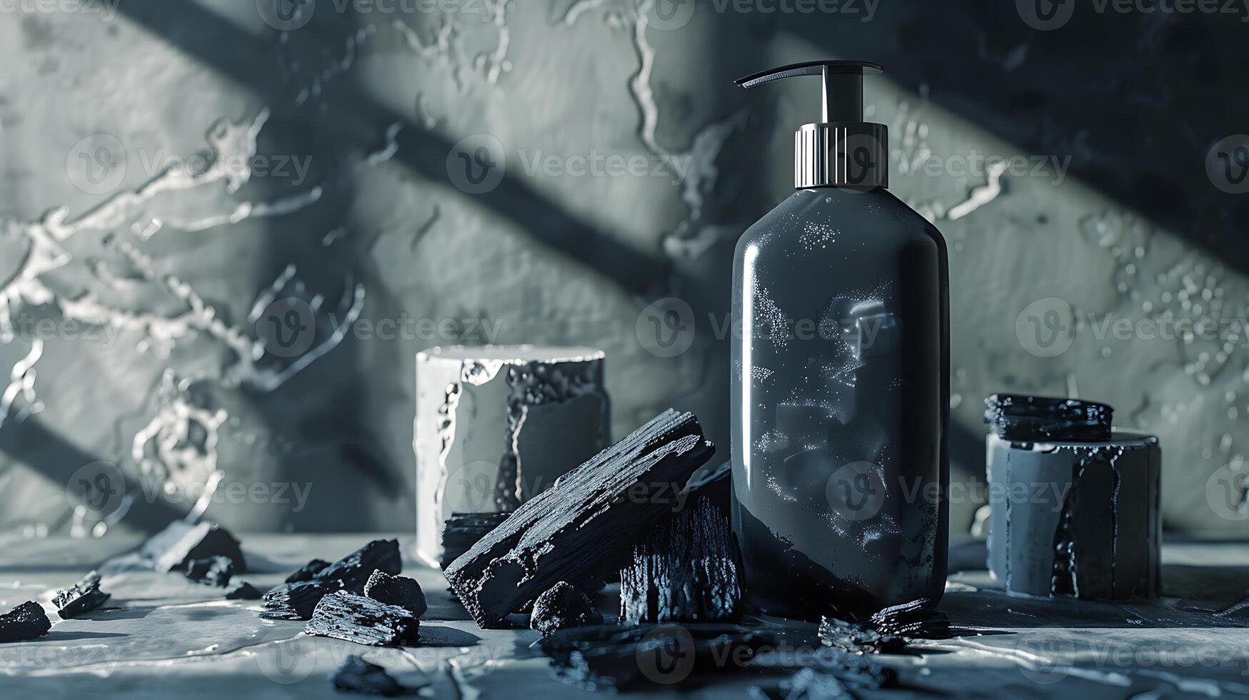 activated charcoal body wash container on table with charcoal chunks and natural ingredients for skin care and detoxifying properties. photo