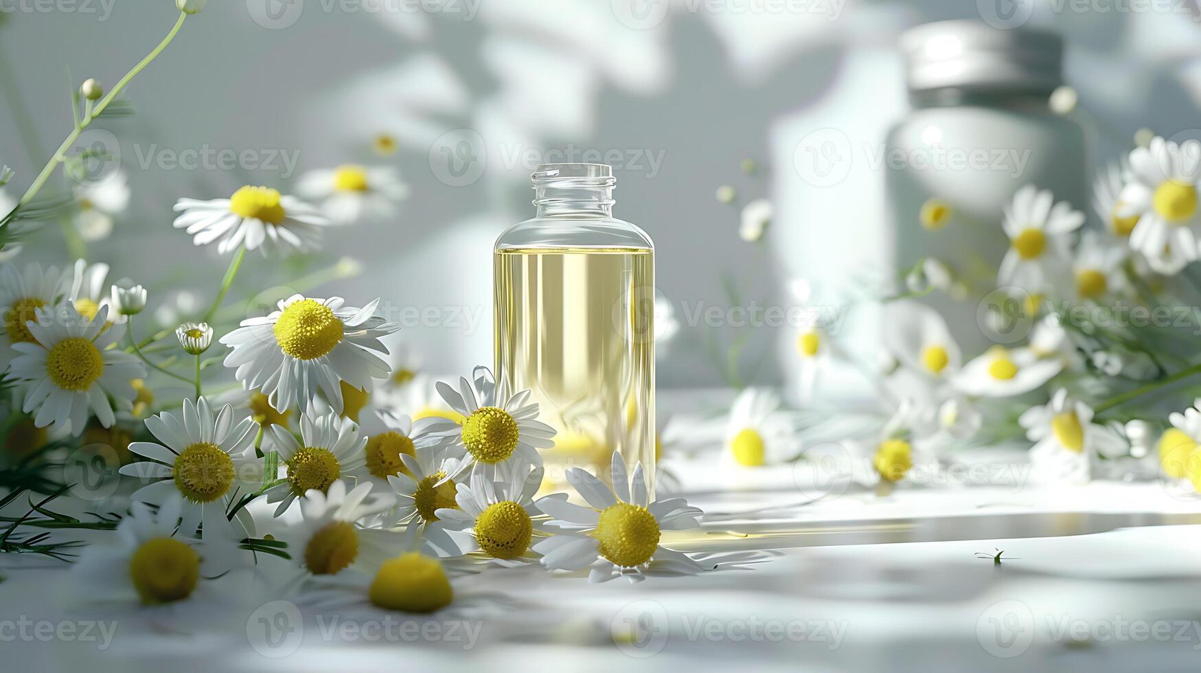chamomile face mask bottle with chamomile flowers on white background photo