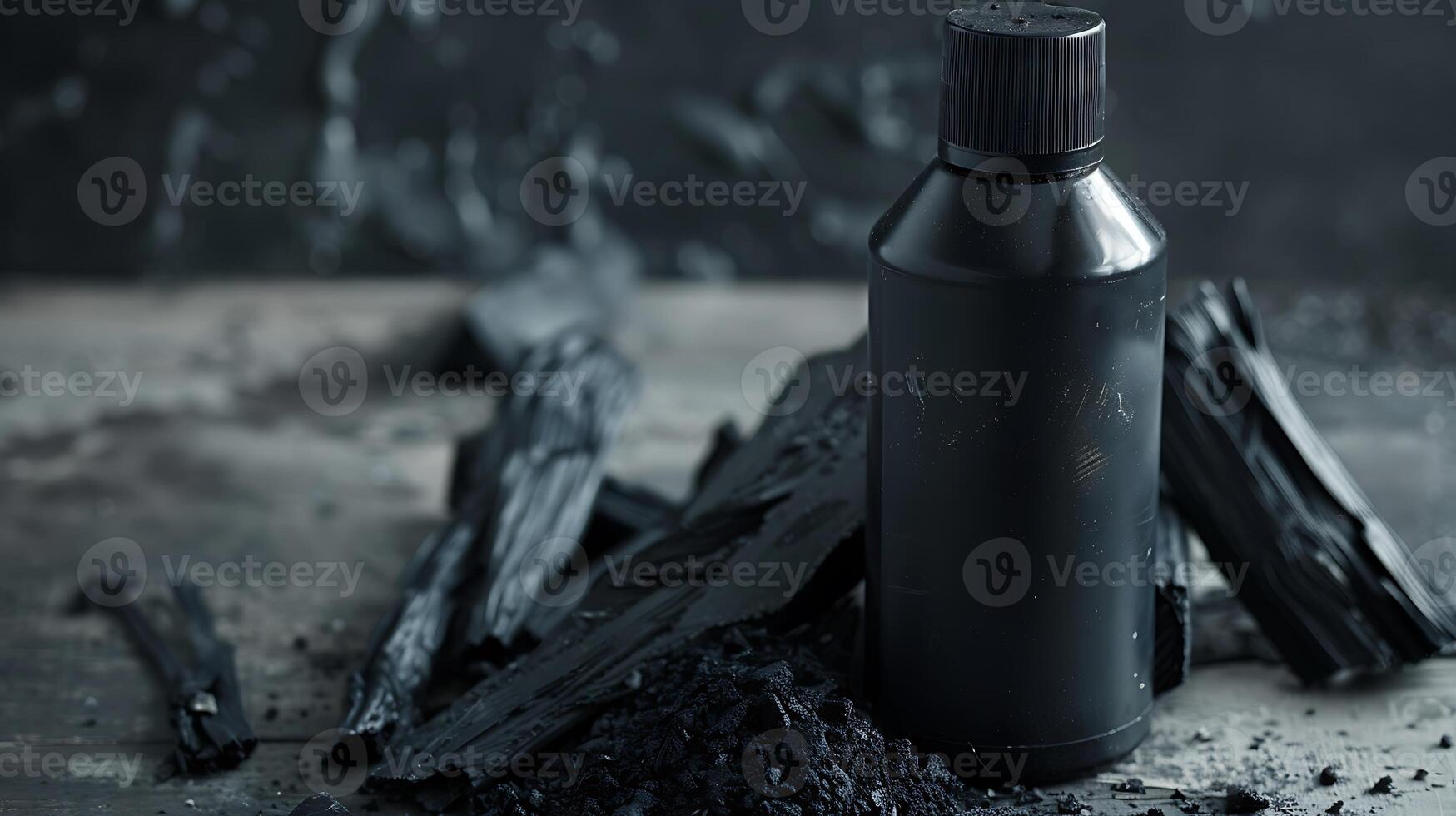 charcoal body wash container and activated charcoal pieces on a table photo