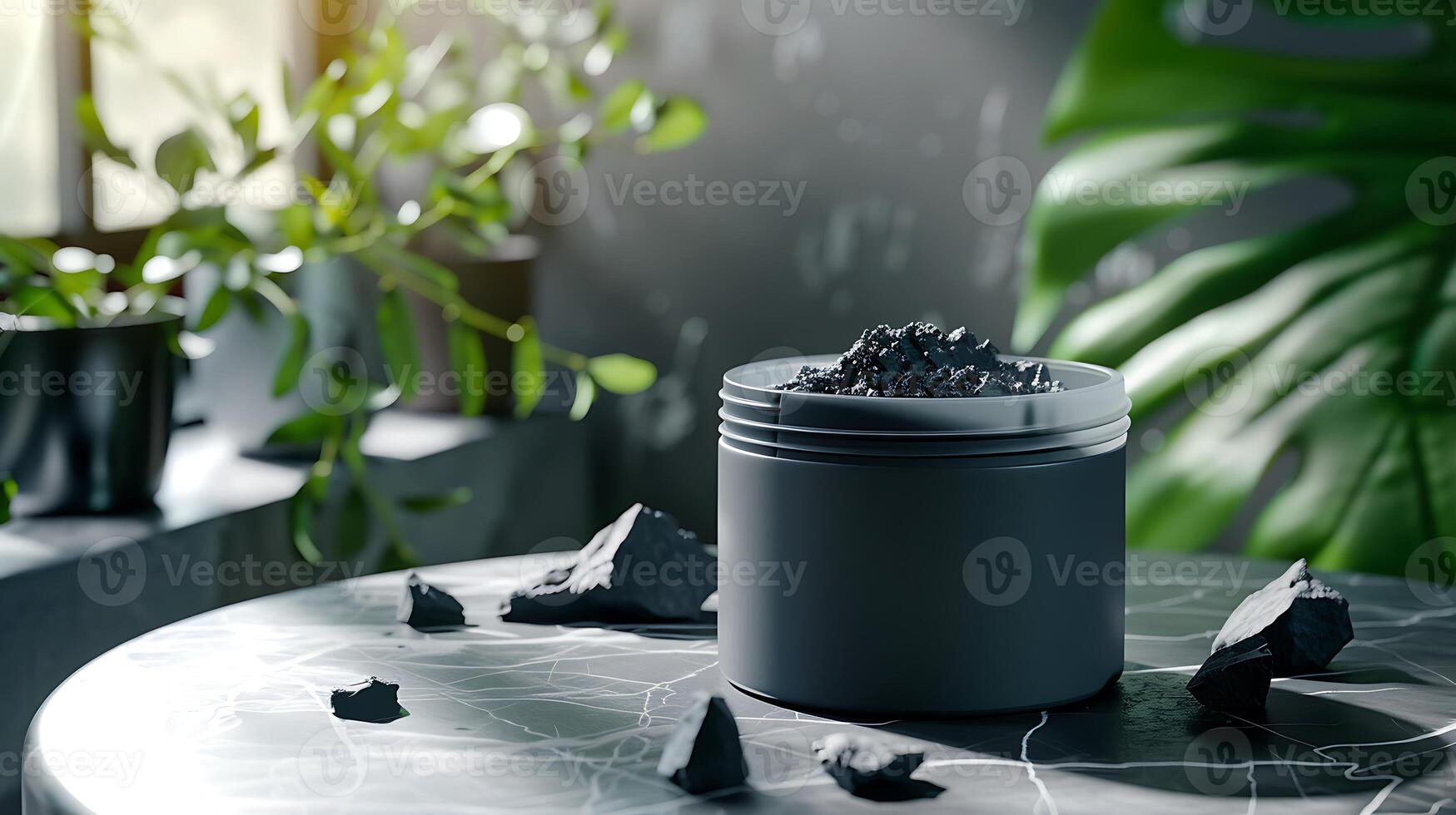 activated charcoal body lotion displayed on table with charcoal chunks photo