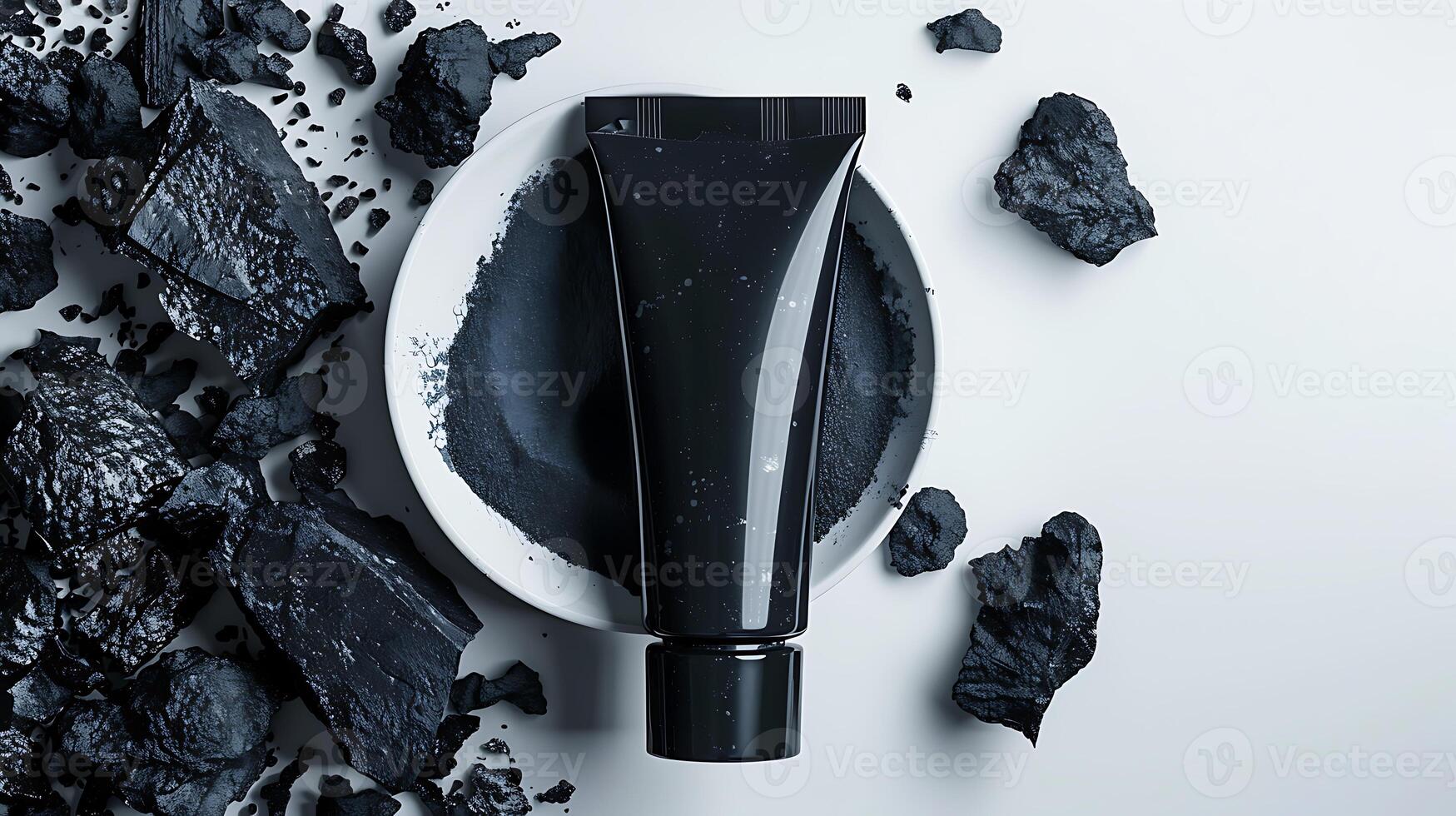 charcoal face scrub in a tube, with activated charcoal chunks, displayed on a clean white background with copy space. photo