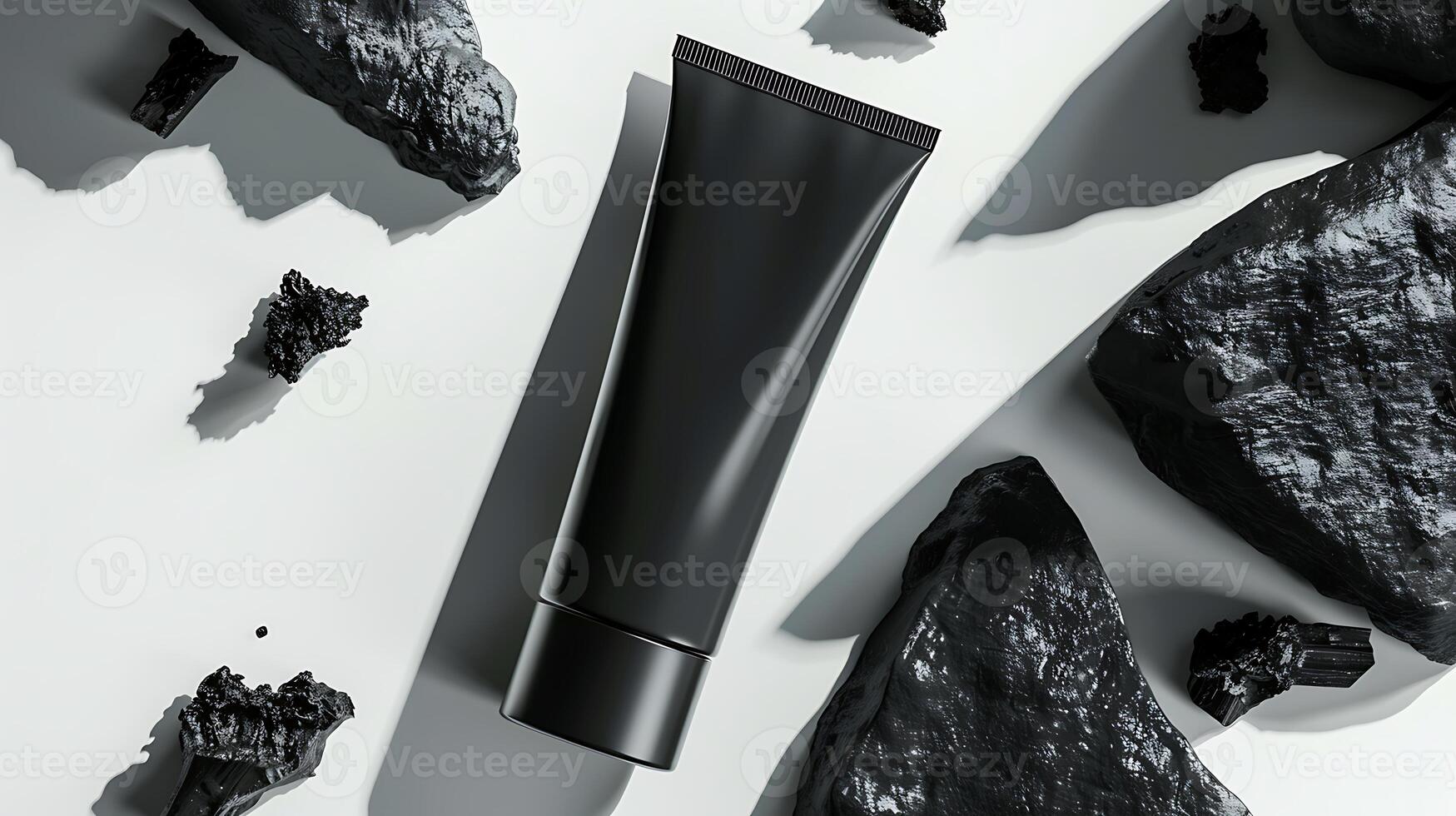 activated charcoal face cream tube with charcoal pieces on white background for skincare routine. photo
