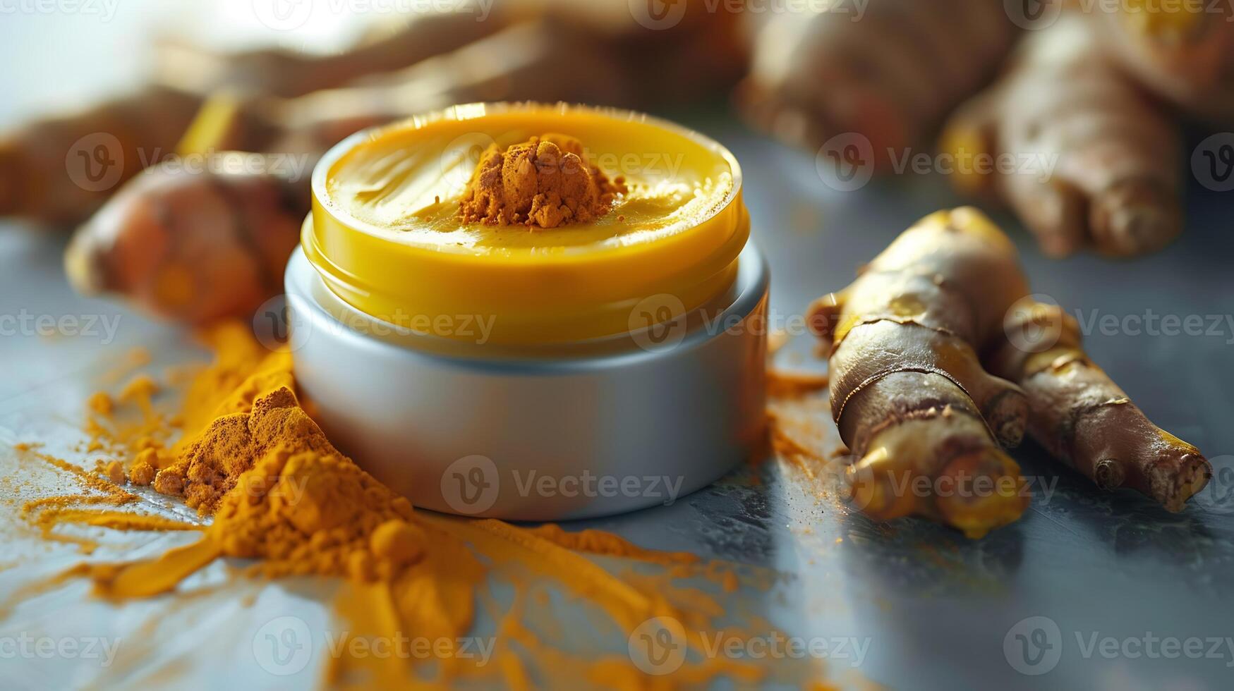 turmeric facial cream container with roots and powder on table natural skincare and ingredients concept photo