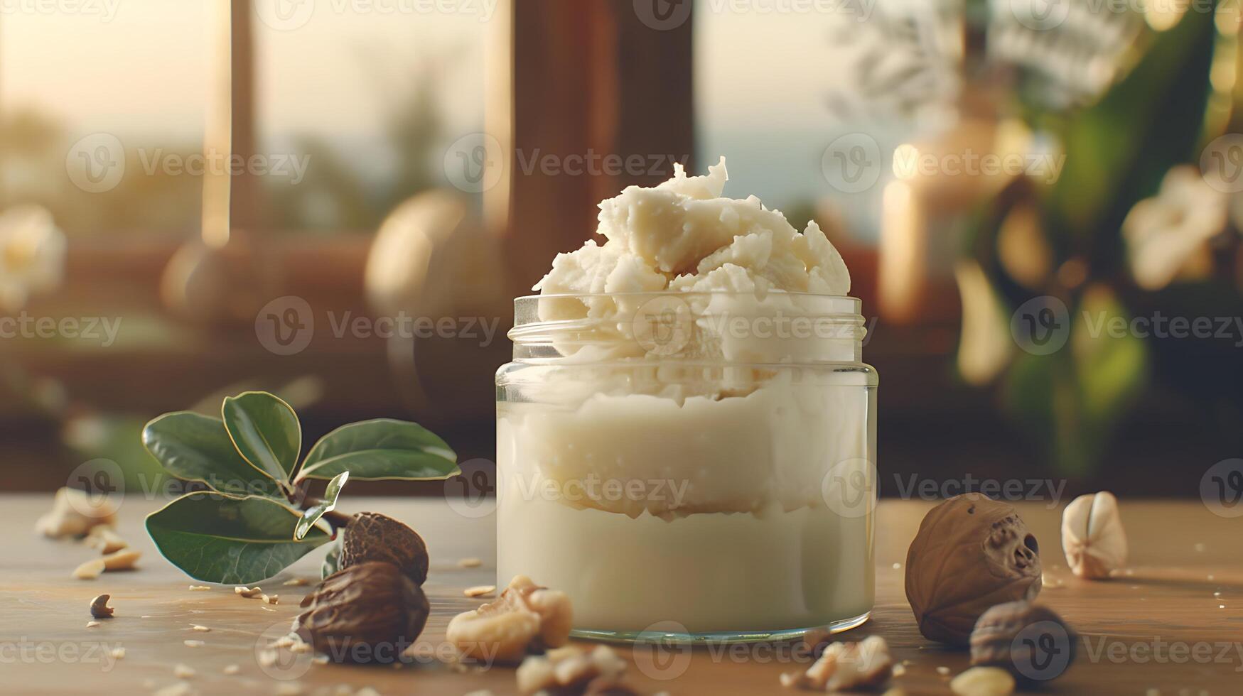 organic shea butter body butter in a glass jar with shea nuts and leaves on a wooden table photo