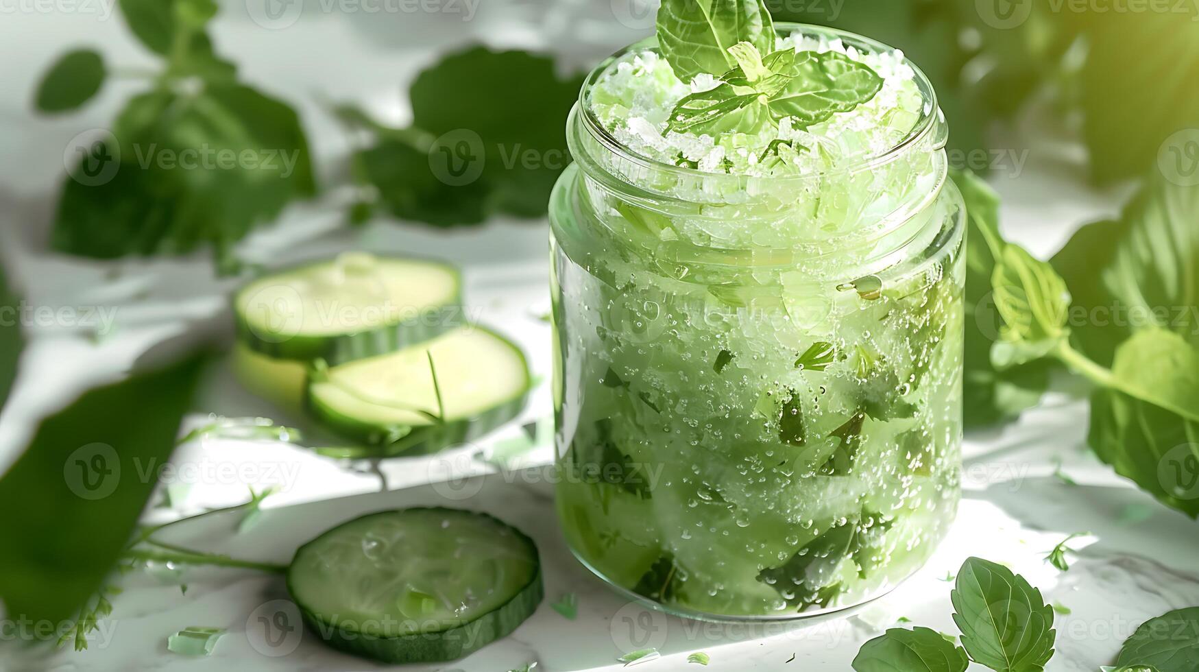 refreshing cucumber body scrub with fresh cucumber slices and leaves in a jar on a wooden table photo