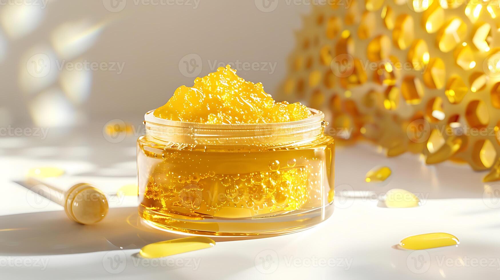 organic honey face scrub in a clear container, displayed on a clean white background beside a honeycomb. photo