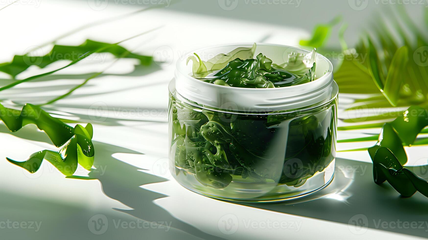 organic seaweed face mask container on white background with fresh seaweed for skincare routine photo