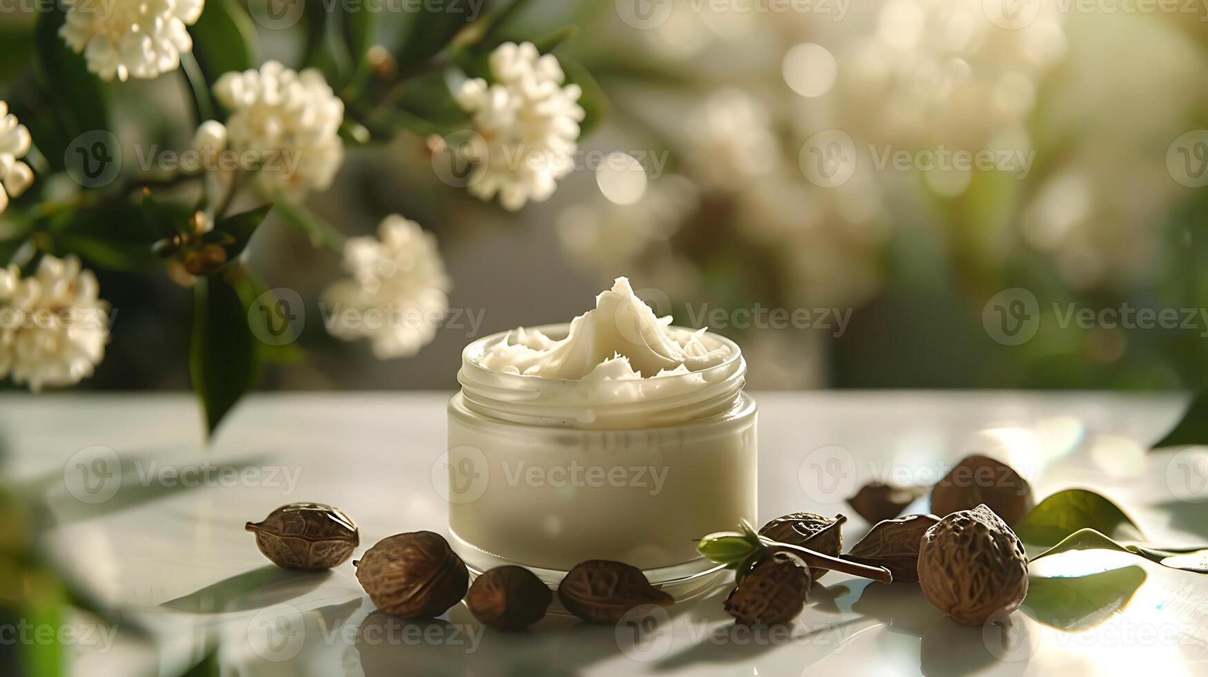 organic shea butter body cream surrounded by shea nuts and leaves on a wooden table photo