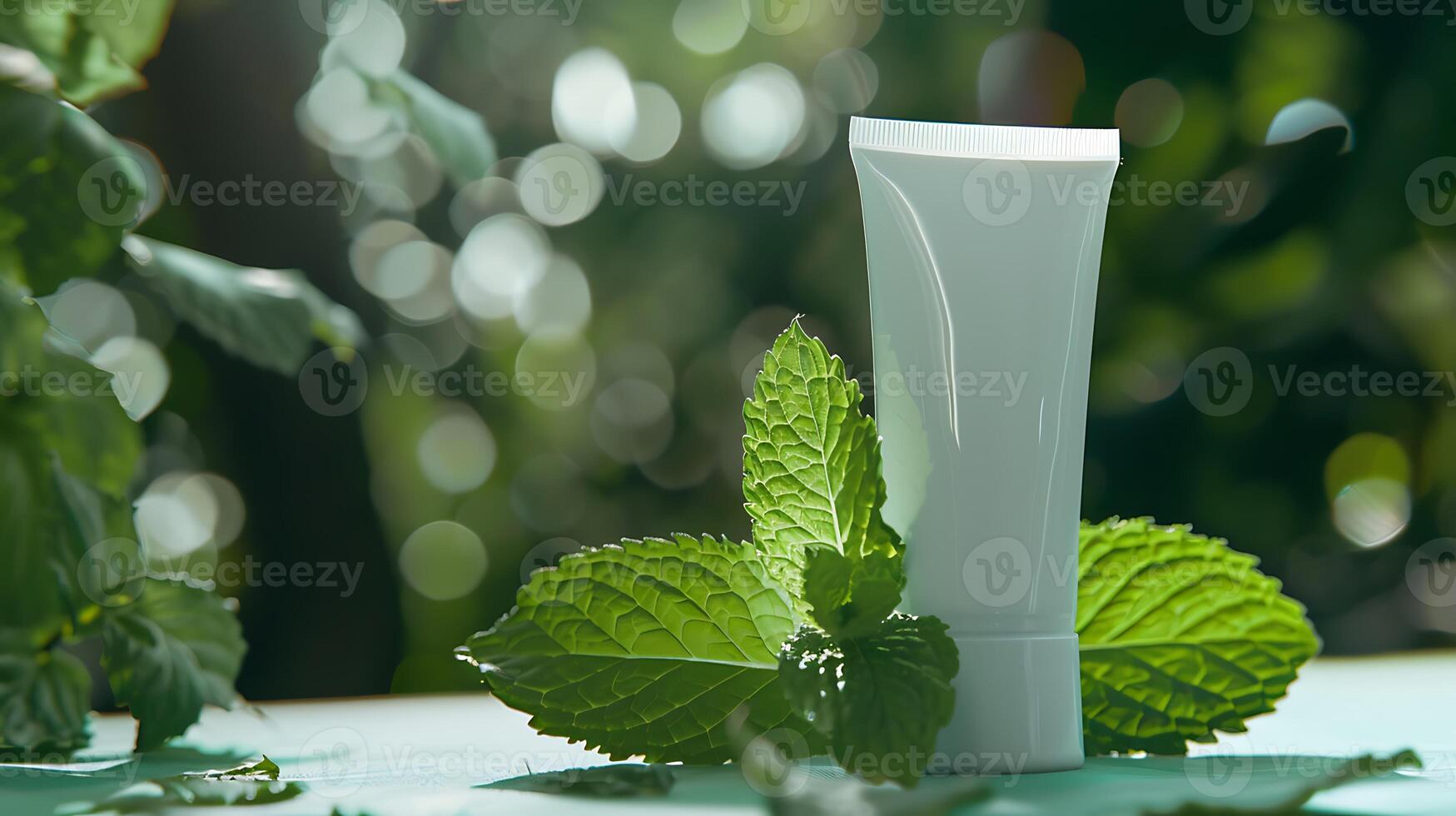 refreshing peppermint foot cream in a tube placed next to vibrant fresh peppermint leaves on a wooden table photo