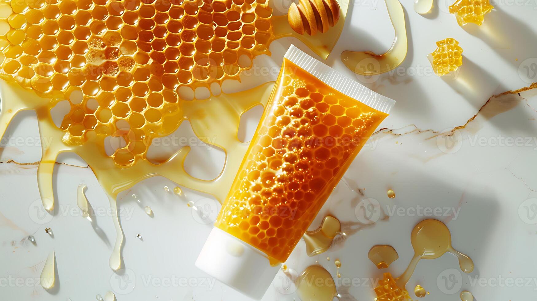 organic honey face mask resting on white background with honeycomb pattern, perfect for skincare routine. photo