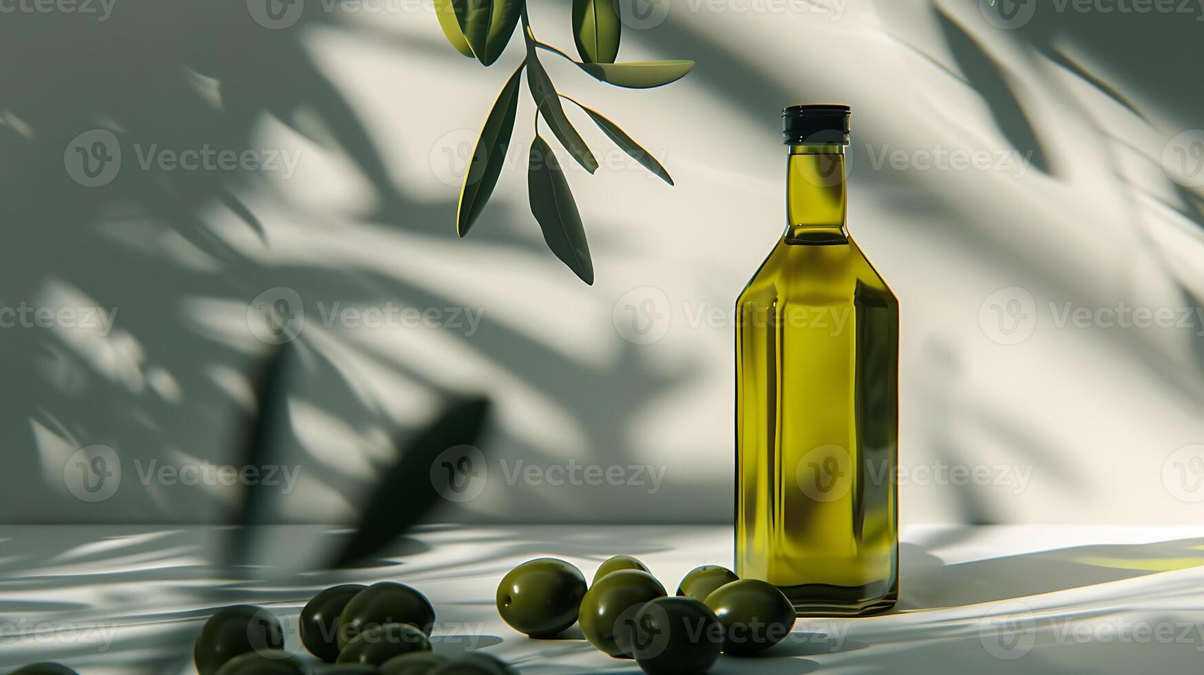 organic olive oil bottle placed on clean white surface with green fresh olives on the side. photo