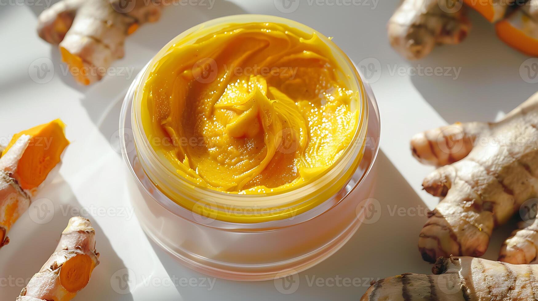 organic turmeric face cream container with fresh turmeric roots on white background photo