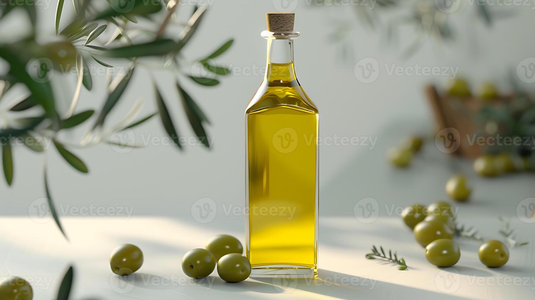 organic olive oil bottle with fresh olives on a clean white surface photo