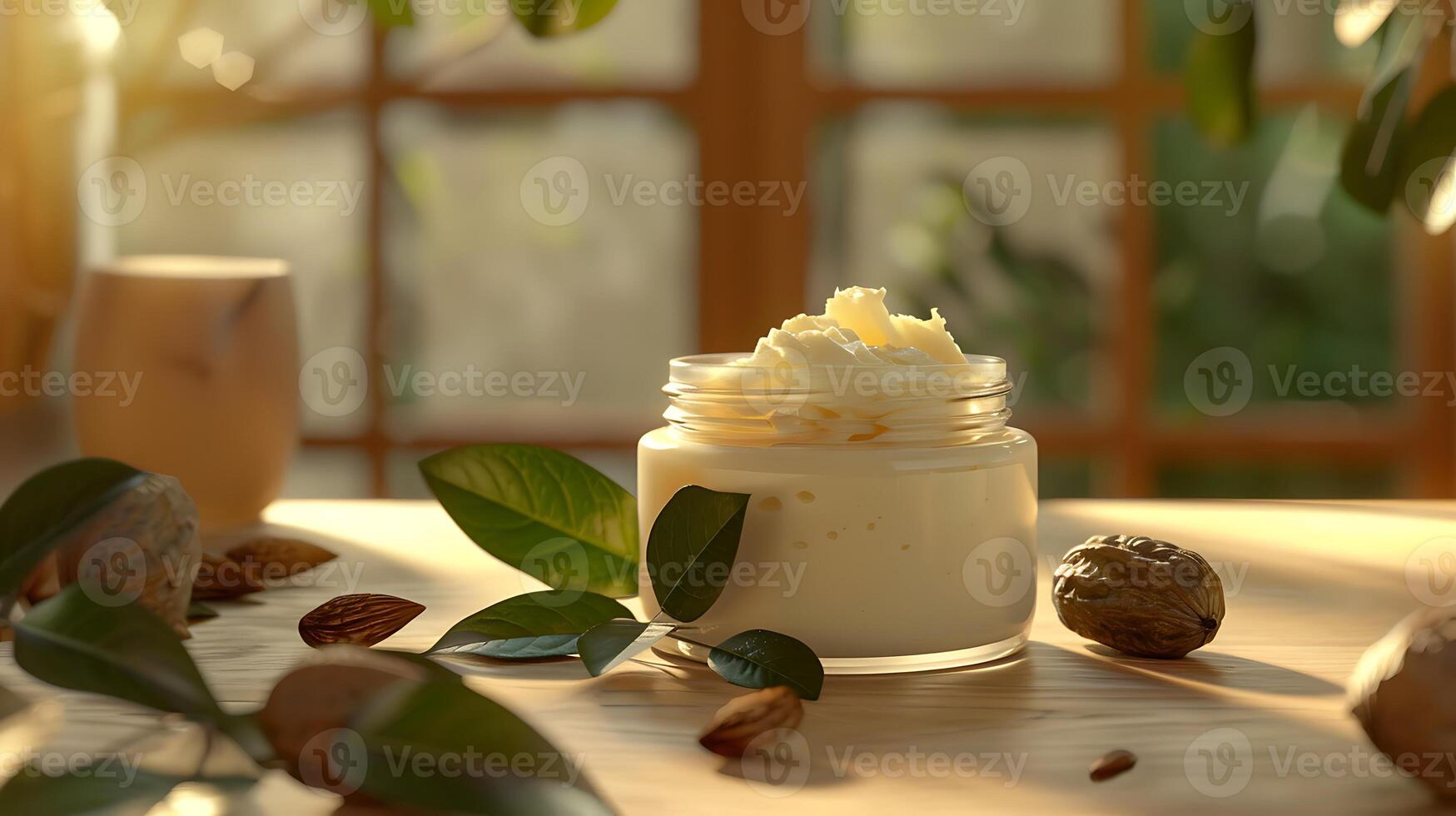 organic shea butter body lotion with shea nuts and leaves in a jar placed on table photo