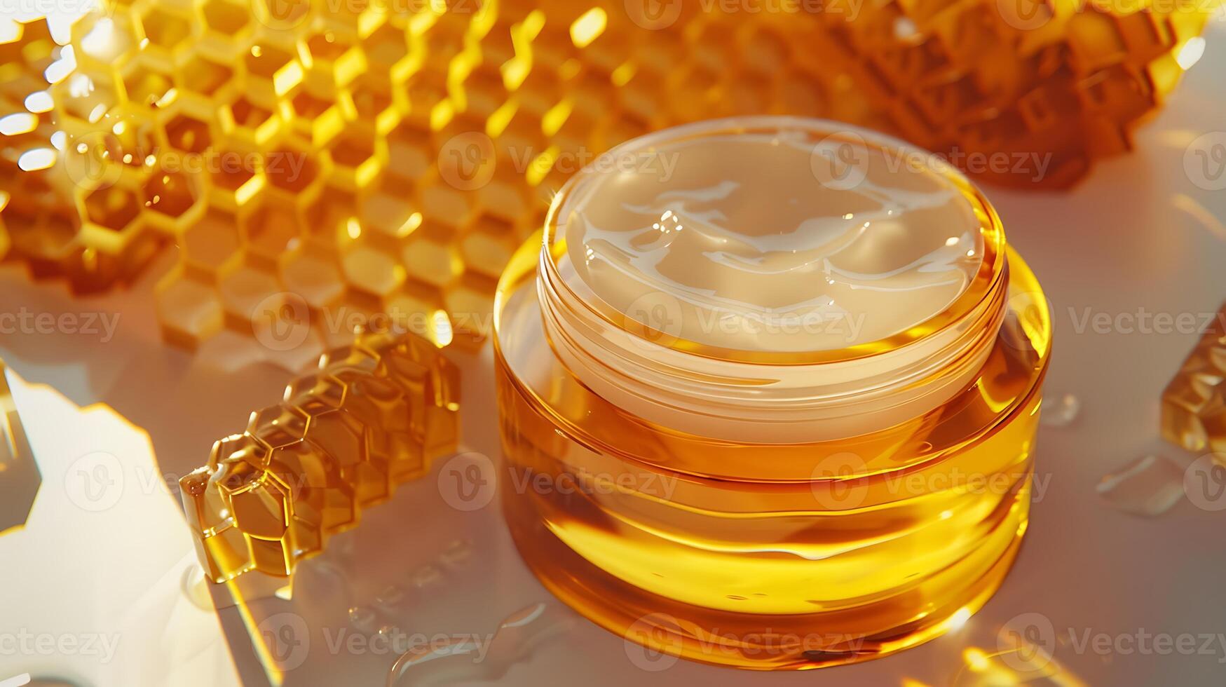 organic honey face cream product on a clean white background with natural honeycomb for skincare routine. photo