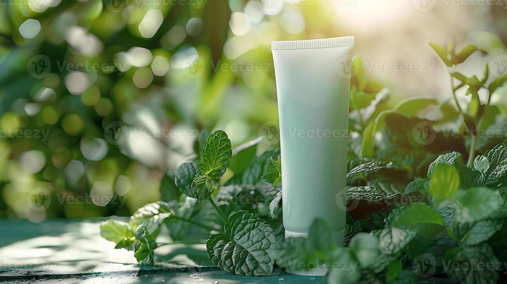 peppermint facial moisturizer with fresh peppermint leaves on a table photo