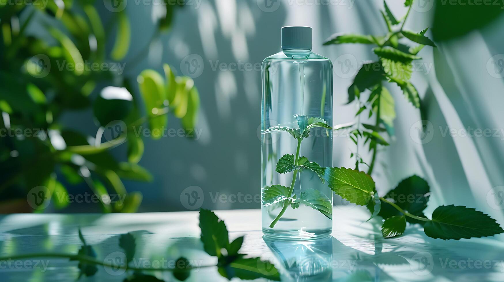 refreshing peppermint facial toner bottle surrounded by fresh peppermint leaves on a wooden table photo