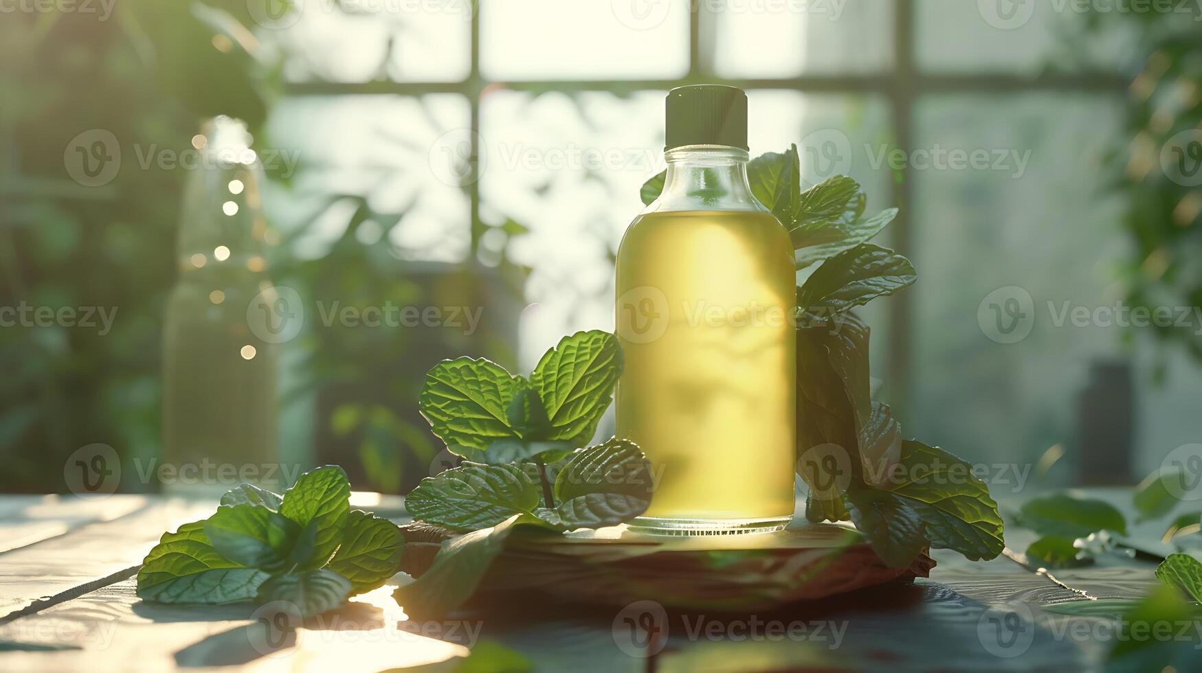 organic peppermint conditioner displayed on a wooden table with aromatic peppermint leaves photo