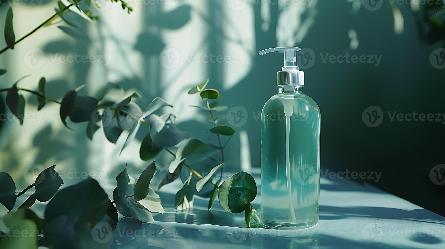 refreshing eucalyptus face wash bottle with fresh leaves on a table photo