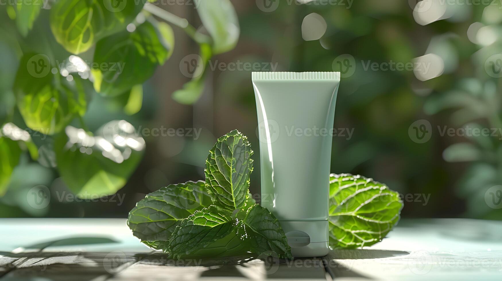 refreshing peppermint facial toner showcased on a wooden table alongside vibrant peppermint leaves photo