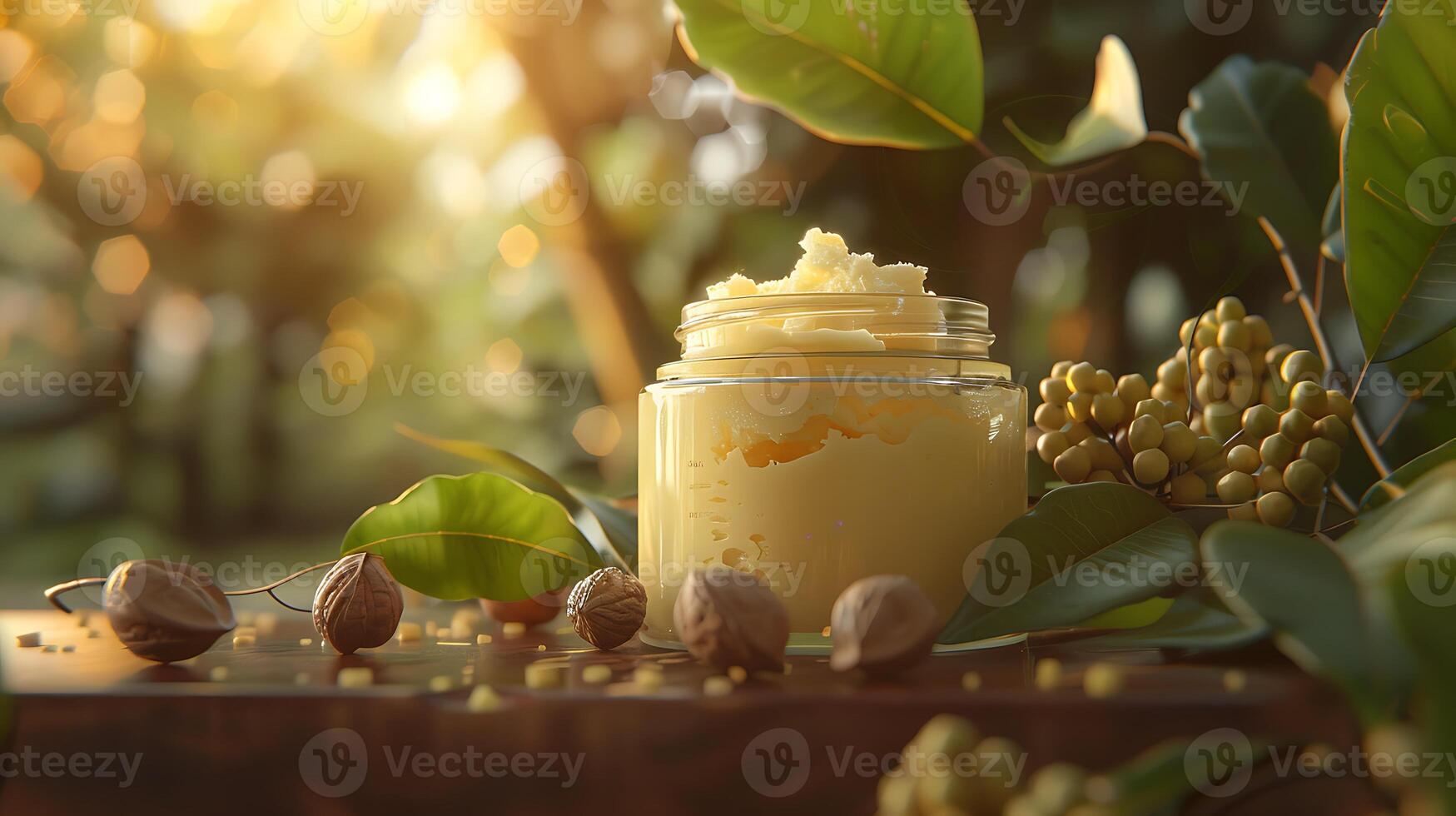 organic shea butter body cream in a glass jar with shea nuts and leaves on wooden table photo
