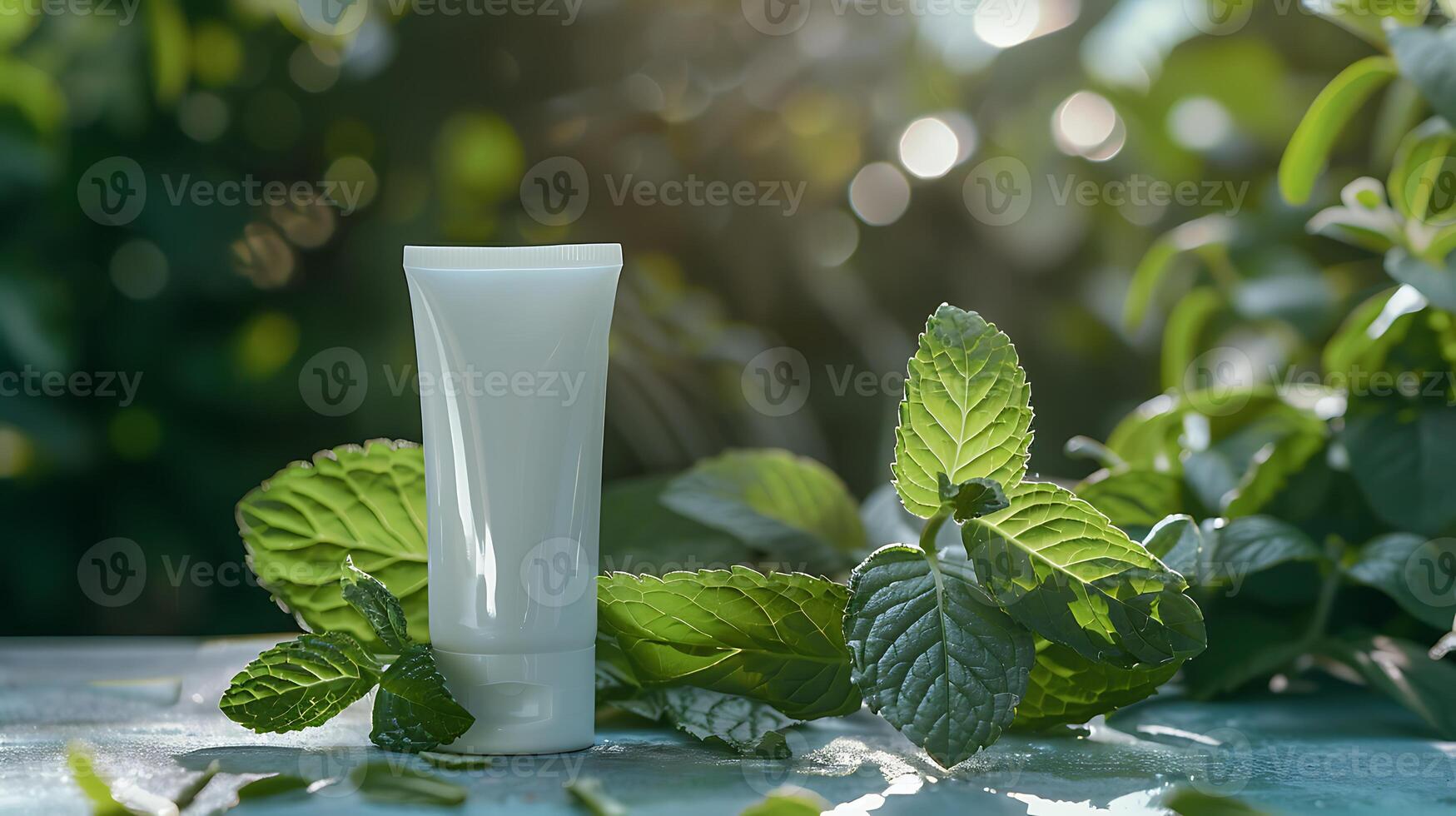 refreshing peppermint foot cream displayed on a wooden table with vibrant peppermint leaves on top. photo