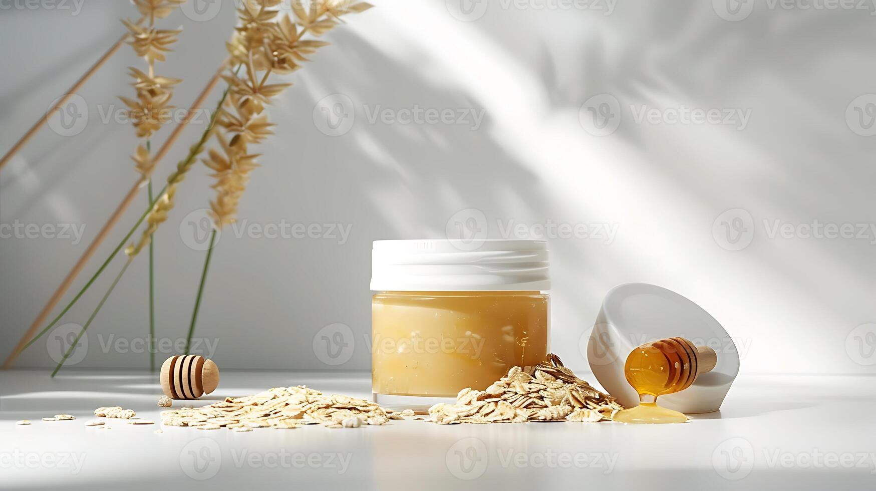 organic oatmeal face cream jar with oats and honey on a clean white background for skincare routine. photo