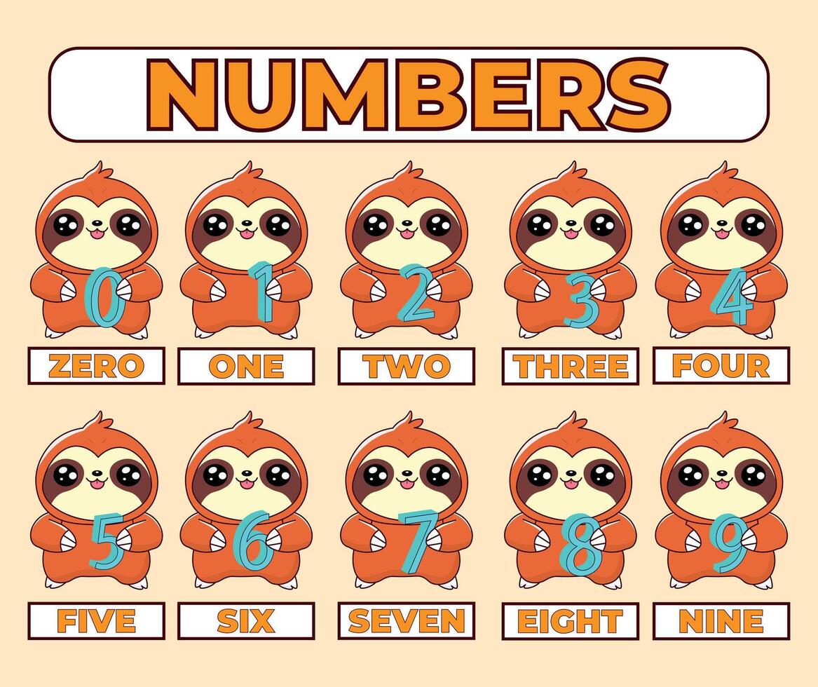 Cute sloth holding numbers, 1, 2, 3, 4, 5, 6, 7, 8 and 9, educational vector