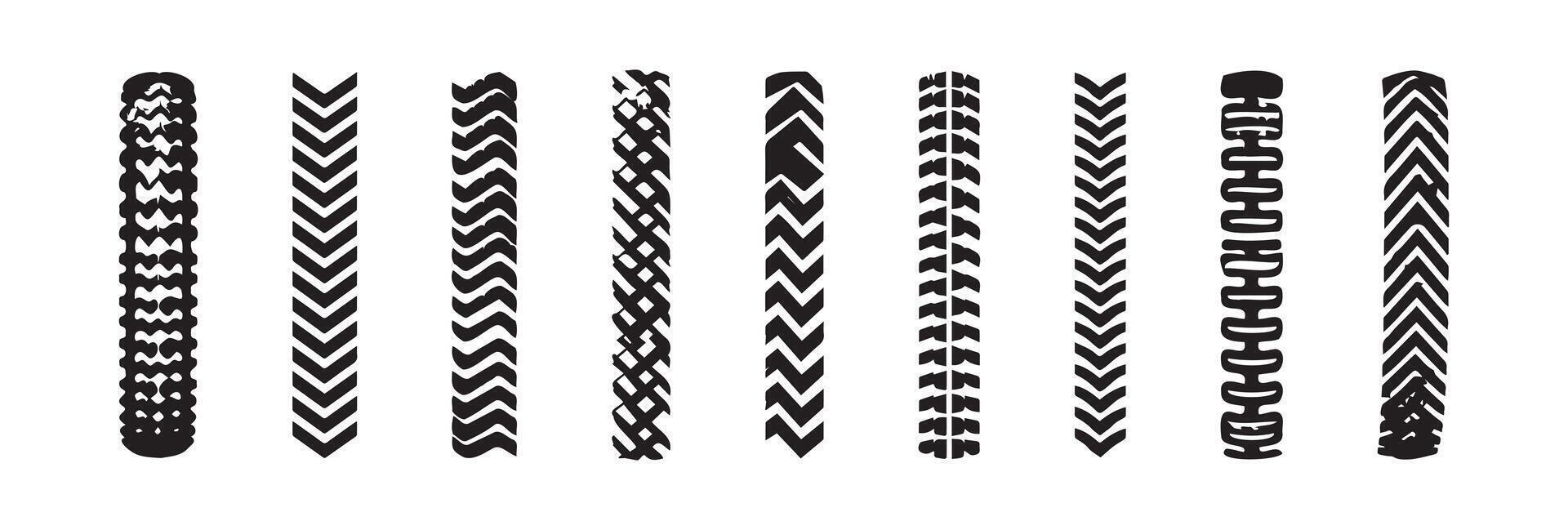 Set of various black tire tracks isolated on a white background. Concept of vehicle patterns, car tread designs, off-road marks, distinct tire imprints. Texture, pattern, automotive design elements vector