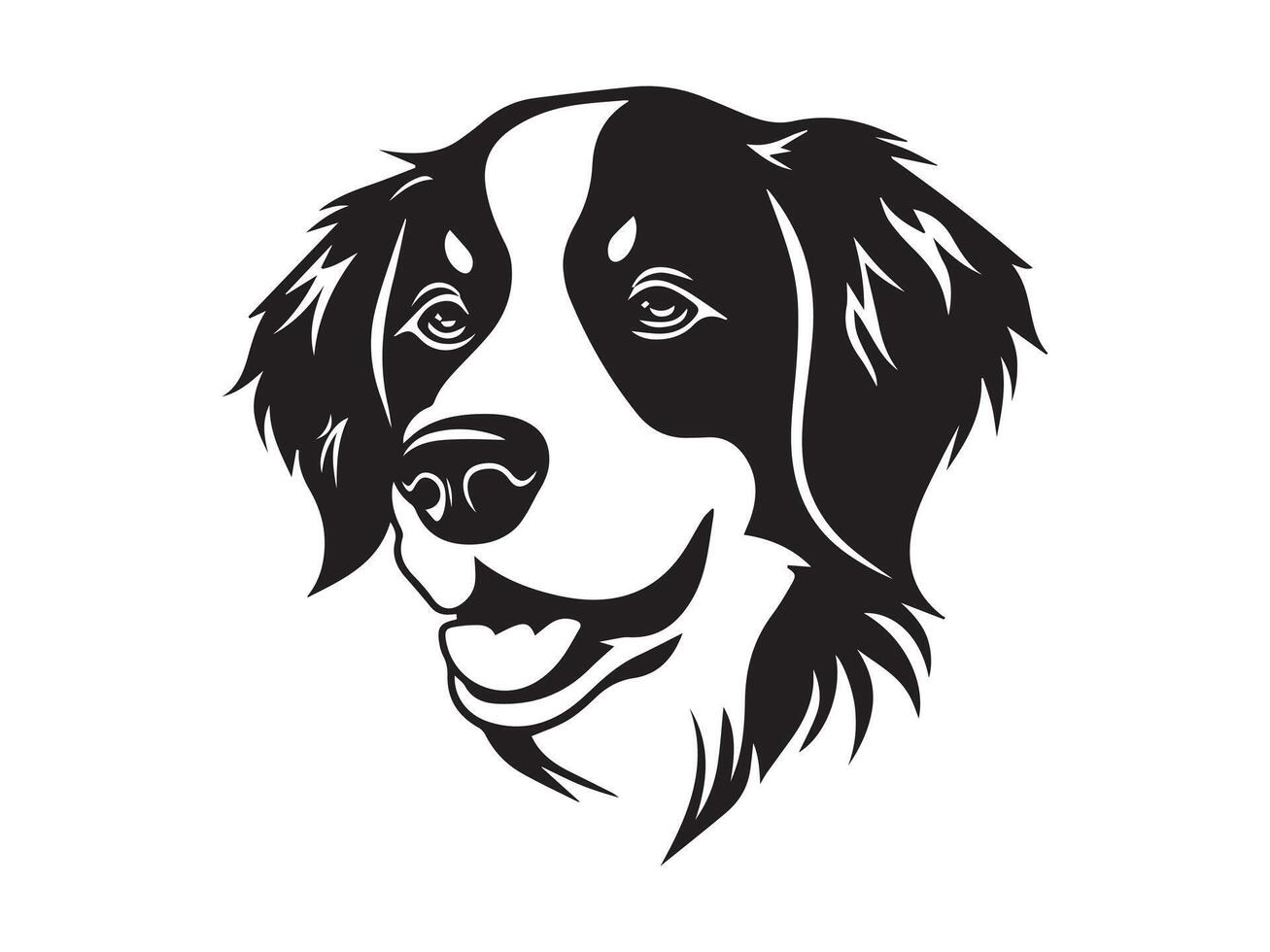 Black and white Silhouette illustration of a happy dog head isolated on a white background. Concept of pet, domestic animal, canine portrait, cheerful expression. Print, icon, design element vector