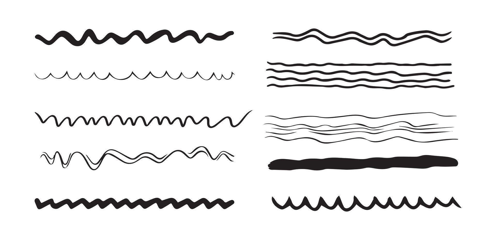 Black hand-drawn wavy and zigzag lines set isolated on white background. Concept of abstract line art, minimalist design, sketch illustration, artistic elements vector