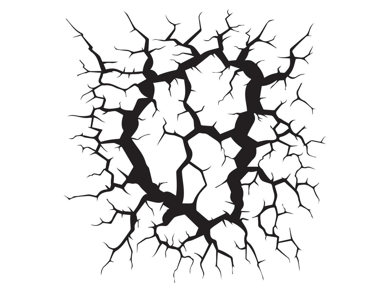 Black silhouette of a crack isolated on a white background. Concept of fracture, broken surface, texture, damage, Broken Objects, Burst Effect. Print, icon, design element vector