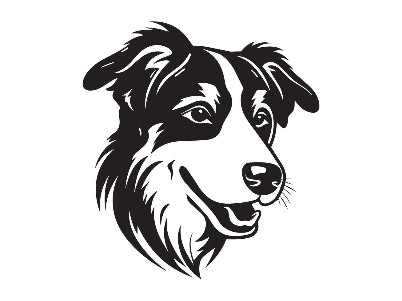 Black and white Silhouette illustration of a happy dog head isolated on a white background. Concept of pet, domestic animal, canine portrait, cheerful expression. Print, icon, design element vector