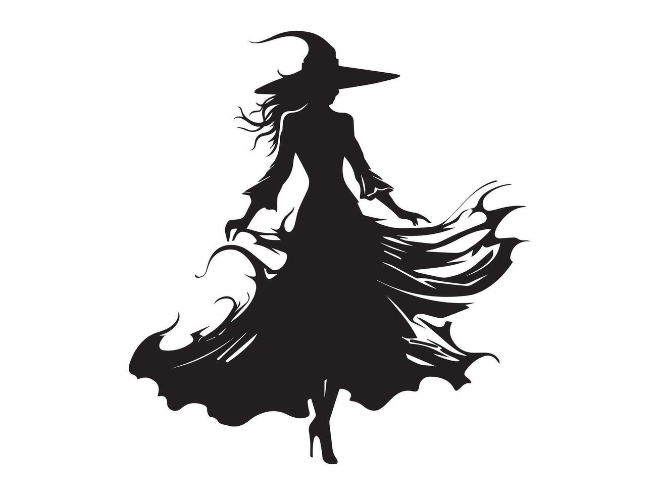 Black silhouette of a witch in a flowing dress with a pointed hat isolated on white background. Concept of Halloween, occult, magic, mysterious figure. Print, icon, design element vector
