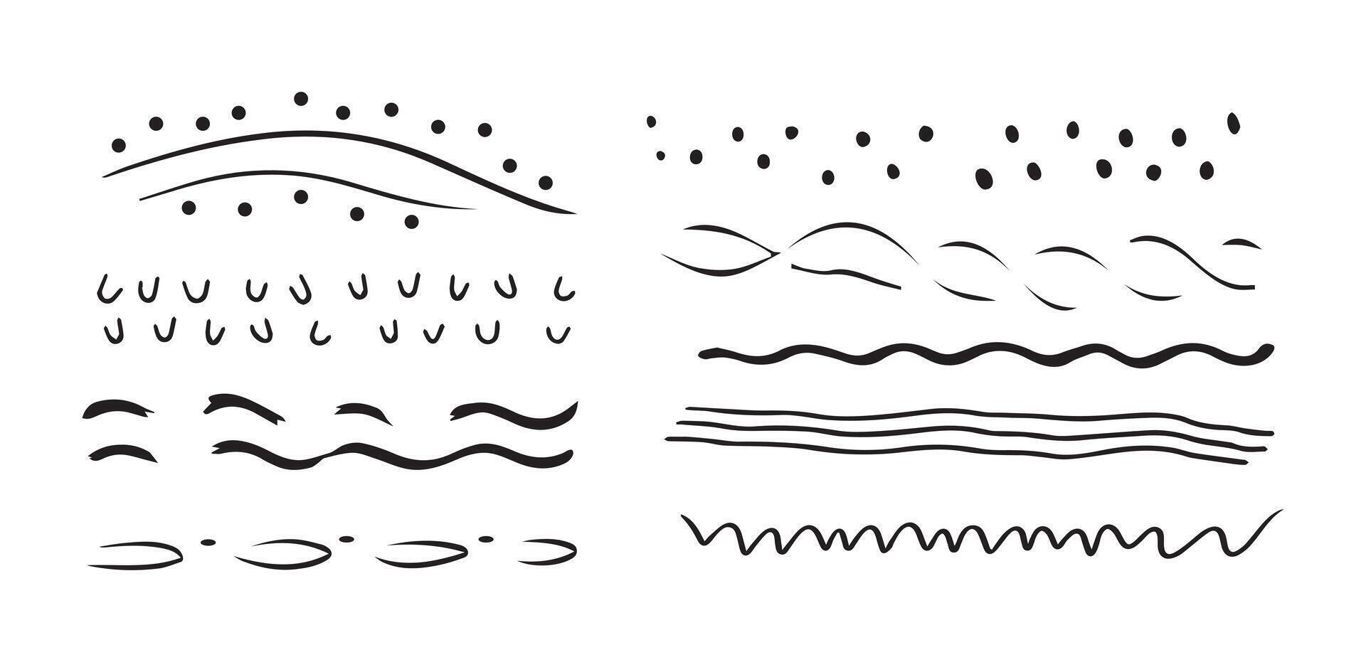 Set of abstract wavy and dotted lines isolated on a white background. Concept of decorative graphic design, line art, minimalist style, artistic wave patterns. Print, icon, design element vector