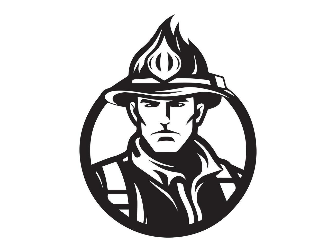 Black and White Firefighter Illustration Shield Badge Icon. Concept of Courage, Protection, Fireman Symbol, Heroic Figure. Design Element, Rescue Emblem, Safety Logo, Emergency Service vector
