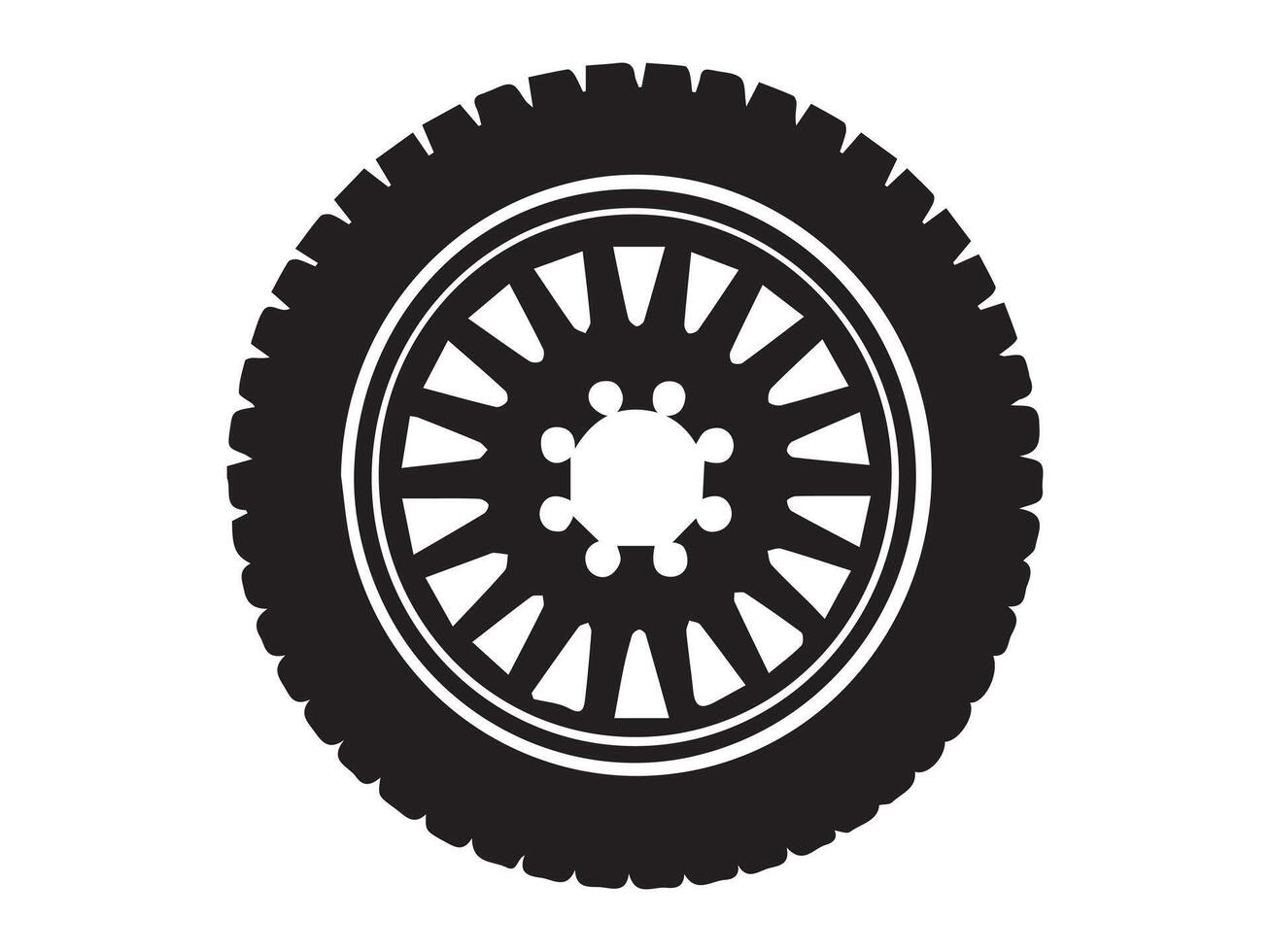 Black Silhouette of a Tire with Detailed Tread and Rim Isolated on a White Background. Concept of Vehicle Part, Automotive Design, Car Wheel, Mechanical Equipment. Print, Icon, Design Element vector