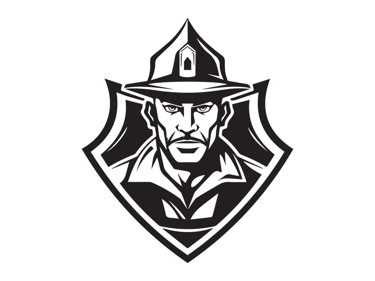 Black and White Firefighter Illustration Shield Badge Icon. Concept of Courage, Protection, Fireman Symbol, Heroic Figure. Design Element, Rescue Emblem, Safety Logo, Emergency Service vector