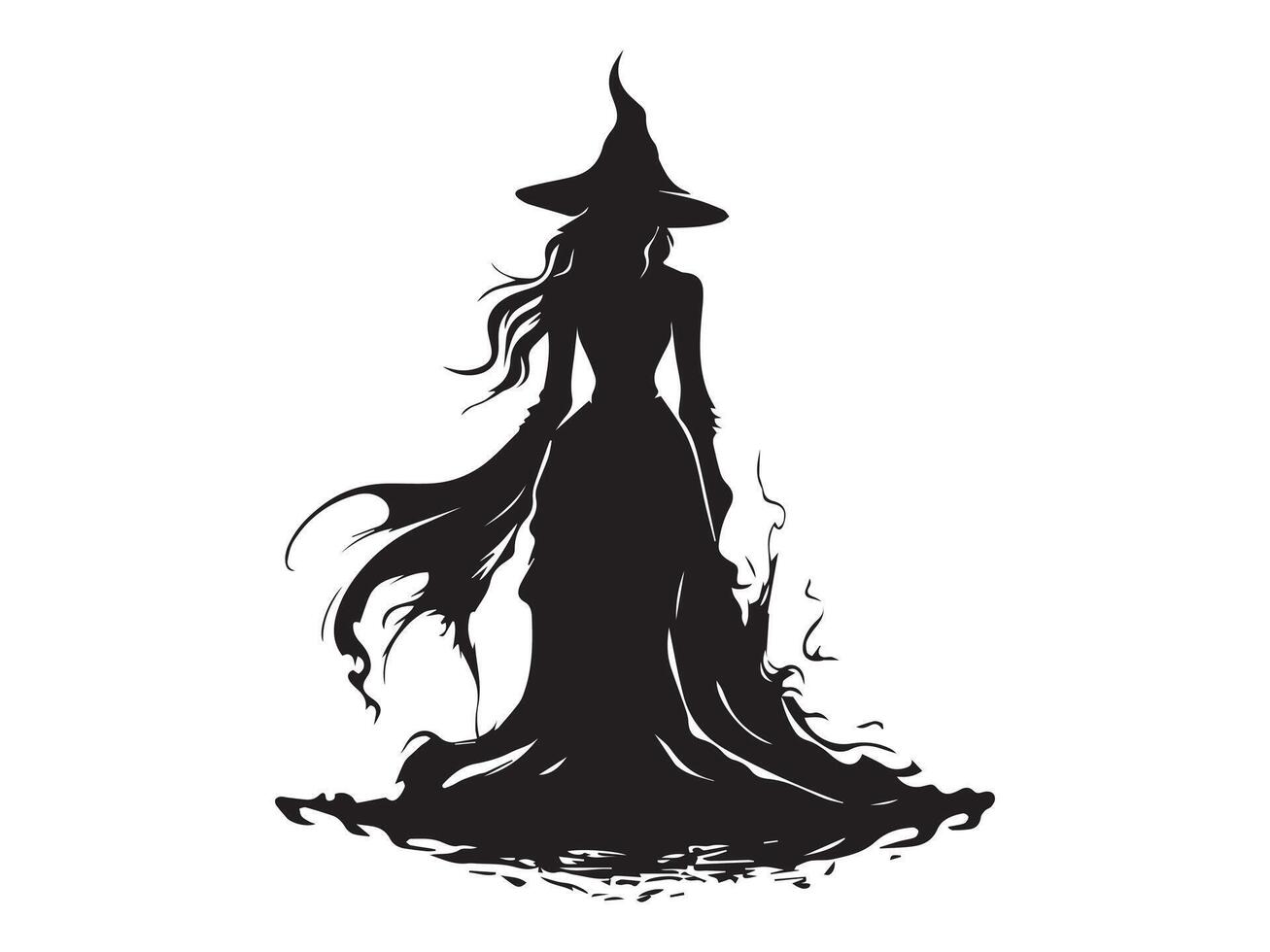 Black silhouette of a witch in a flowing dress with a pointed hat isolated on white background. Concept of Halloween, occult, magic, mysterious figure. Print, icon, design element vector